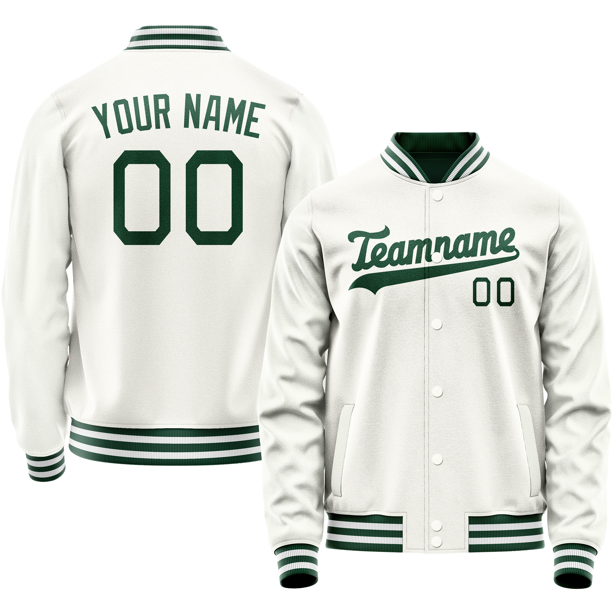 Personalized White & Green Solid Color Varsity Letterman Jacket