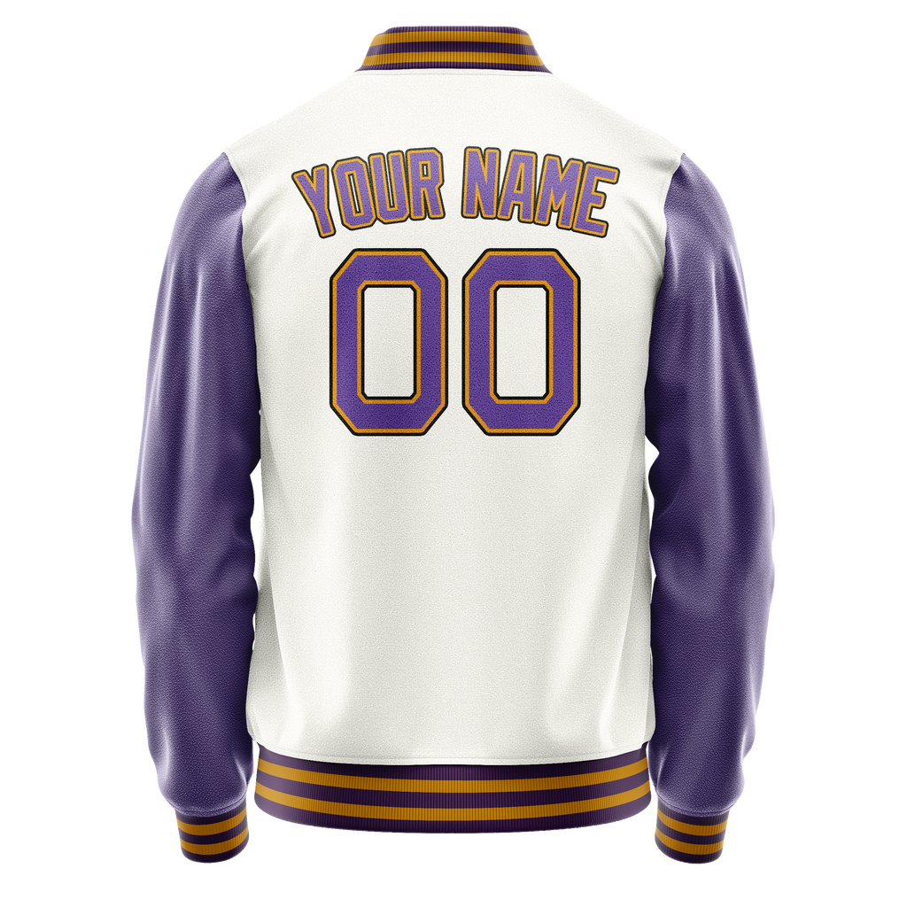 Personalized White & Purple Solid Color Varsity Letterman Jacket