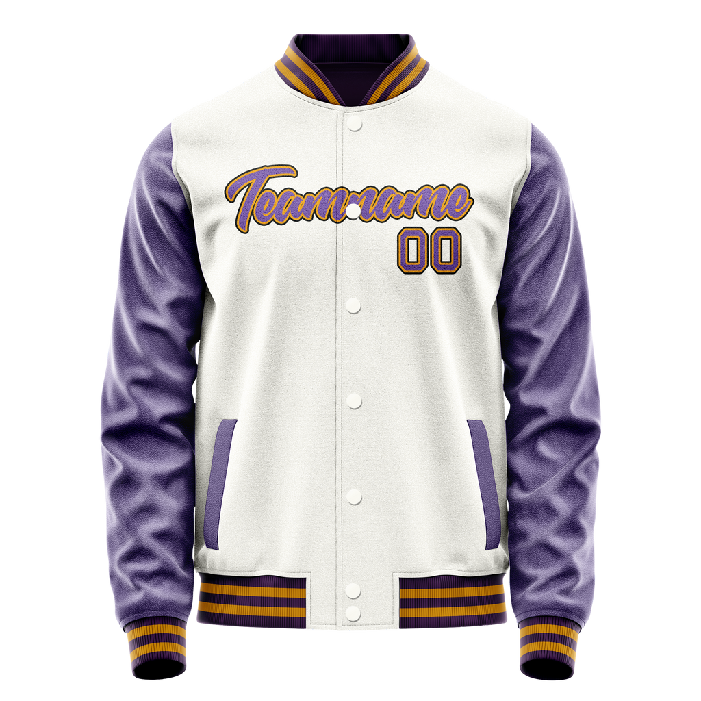 Personalized White & Purple Solid Color Varsity Letterman Jacket