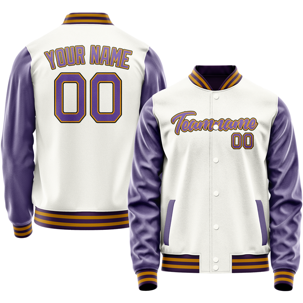 Personalized White & Purple Solid Color Varsity Letterman Jacket