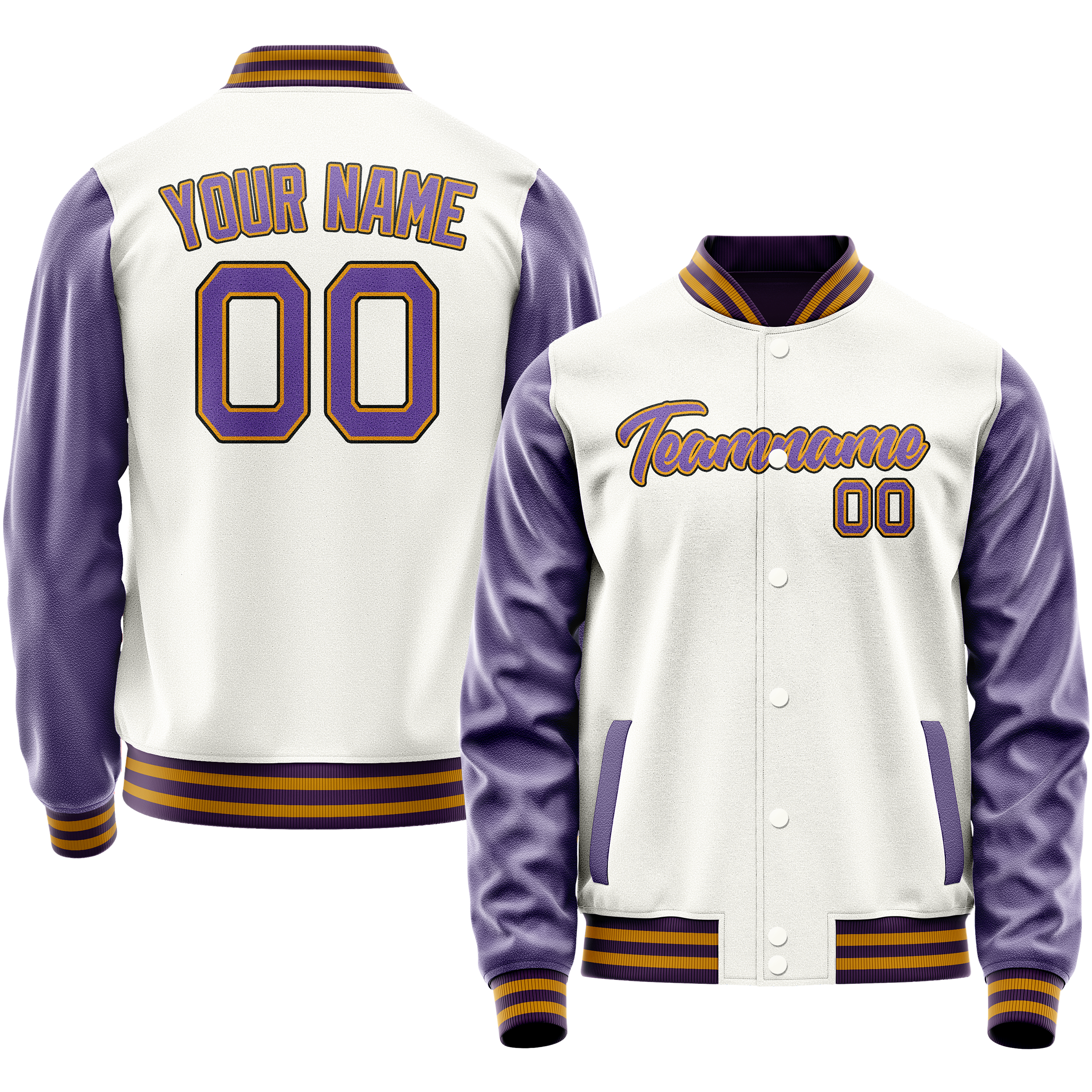 Personalized White & Purple Solid Color Varsity Letterman Jacket