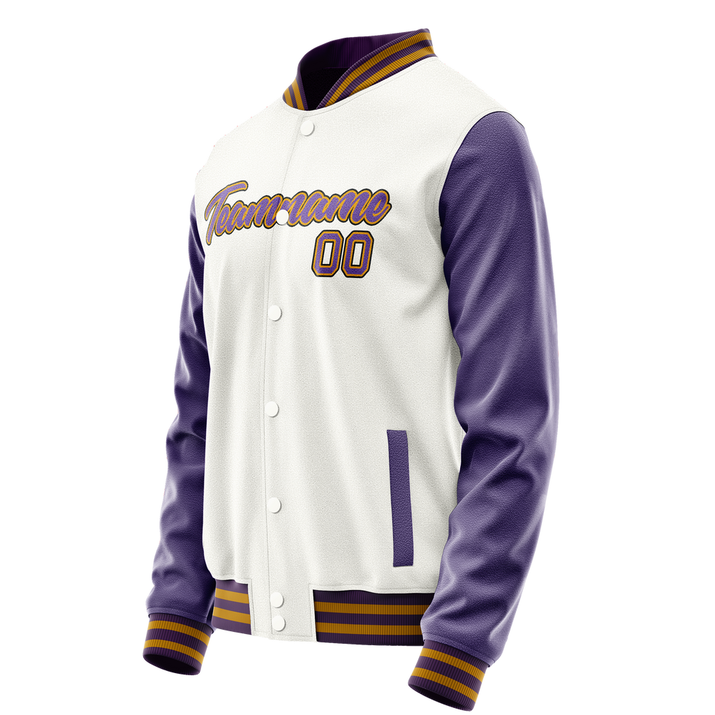 Personalized White & Purple Solid Color Varsity Letterman Jacket
