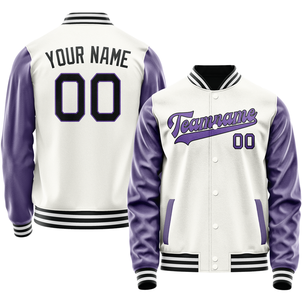Personalized White & Purple Solid Color Varsity Letterman Jacket