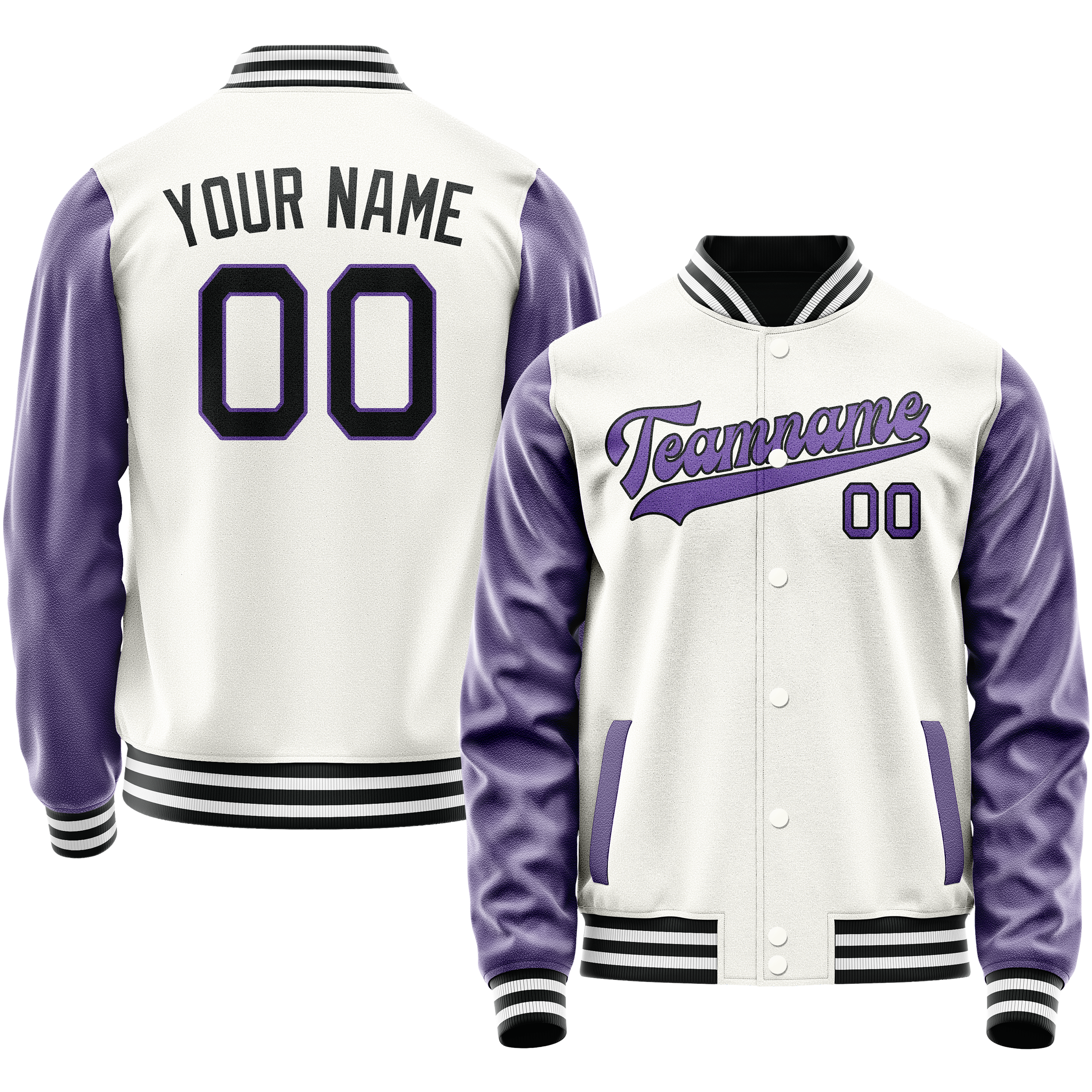 Personalized White & Purple Solid Color Varsity Letterman Jacket