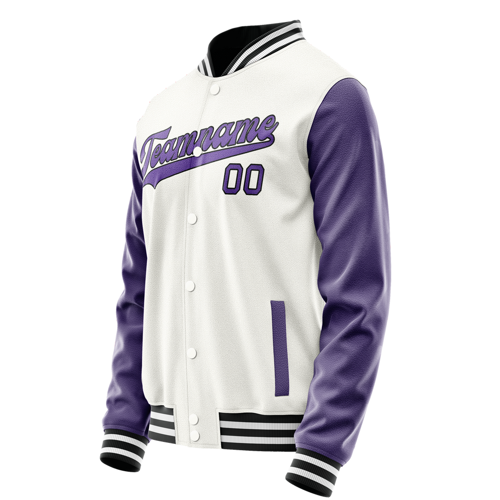 Personalized White & Purple Solid Color Varsity Letterman Jacket