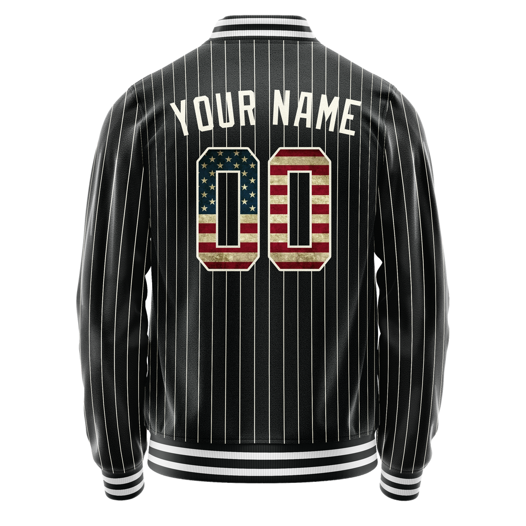 Personalized Black & Vintage-Usa-Flag Cream Pinstripe Varsity Letterman Jacket