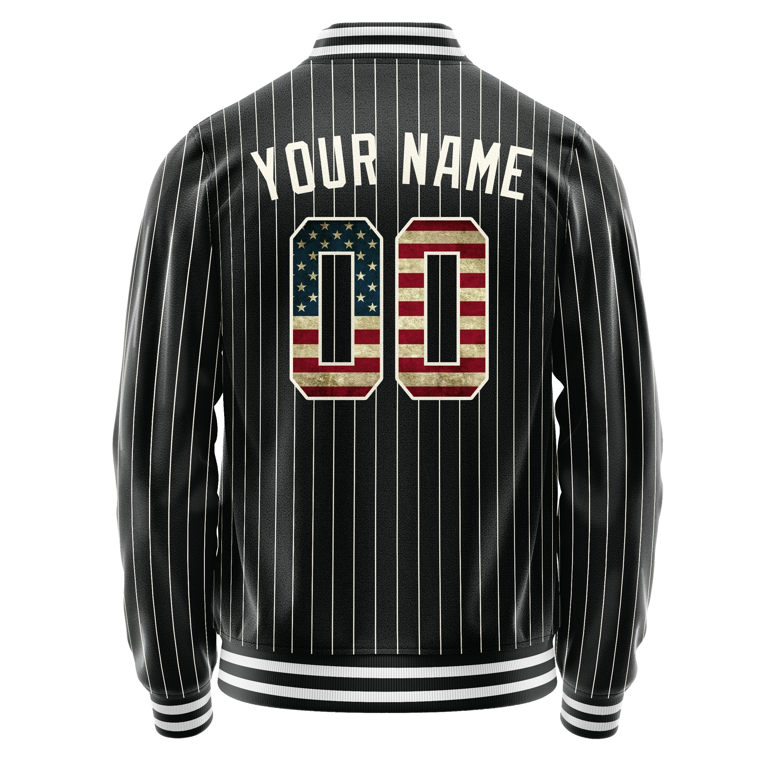 Personalized Black & Vintage-Usa-Flag Cream Pinstripe Varsity Letterman Jacket