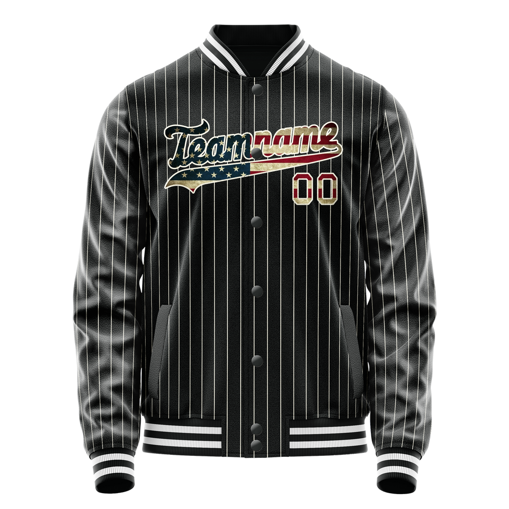 Personalized Black & Vintage-Usa-Flag Cream Pinstripe Varsity Letterman Jacket