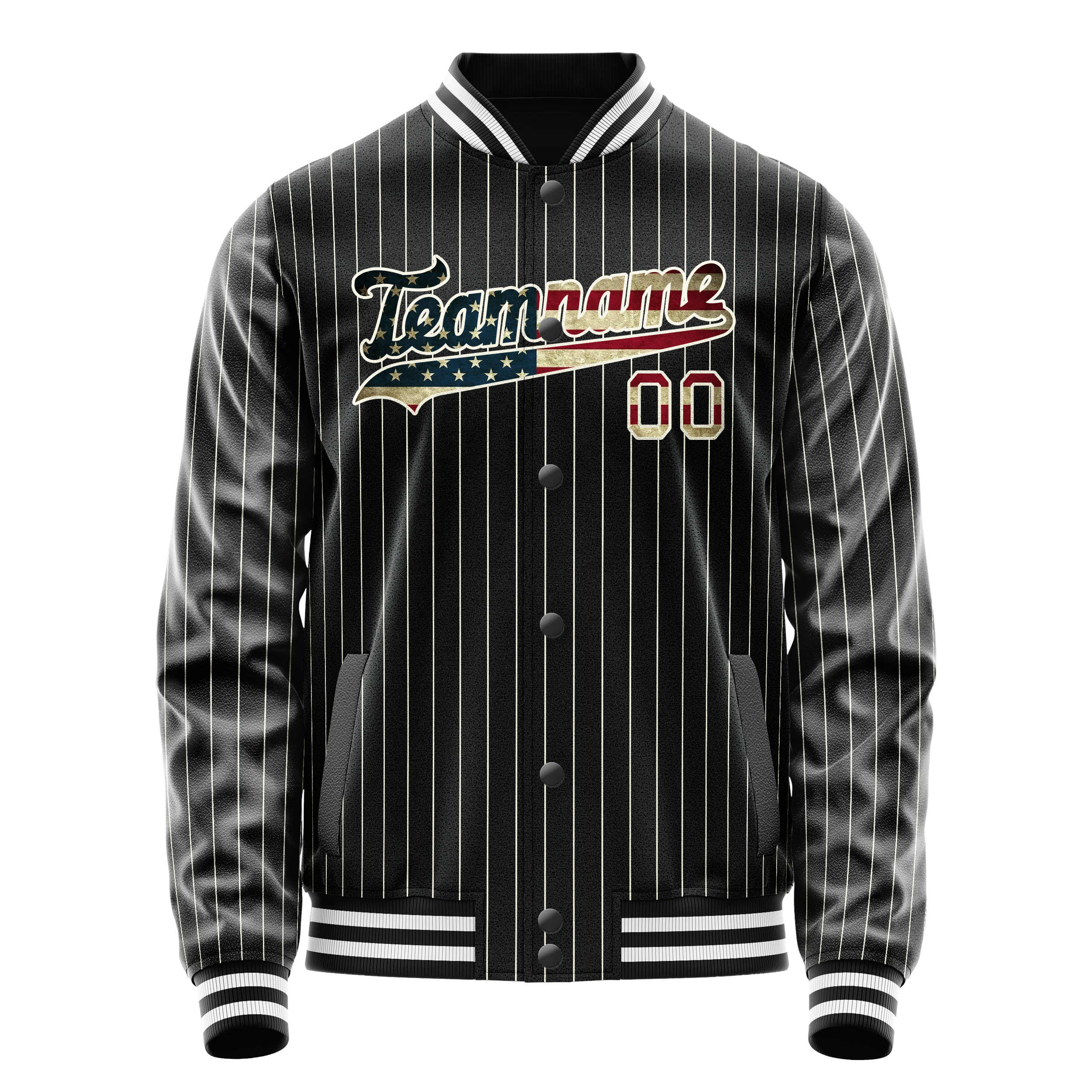 Personalized Black & Vintage-Usa-Flag Cream Pinstripe Varsity Letterman Jacket