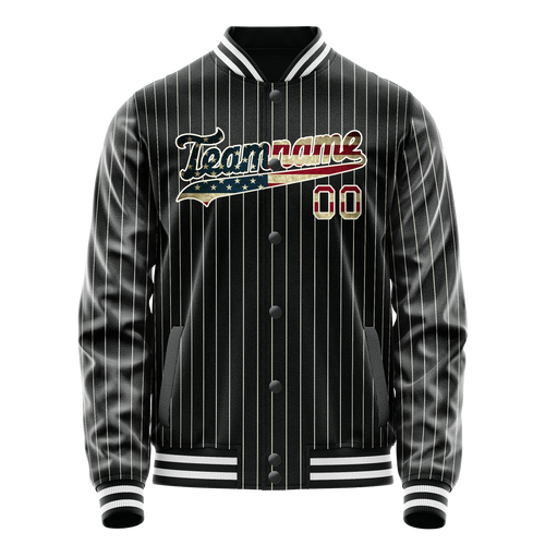 Personalized Black & Vintage-Usa-Flag Cream Pinstripe Varsity Letterman Jacket