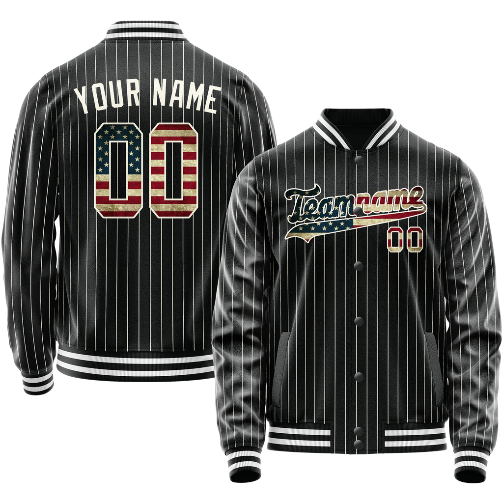 Personalized Black & Vintage-Usa-Flag Cream Pinstripe Varsity Letterman Jacket