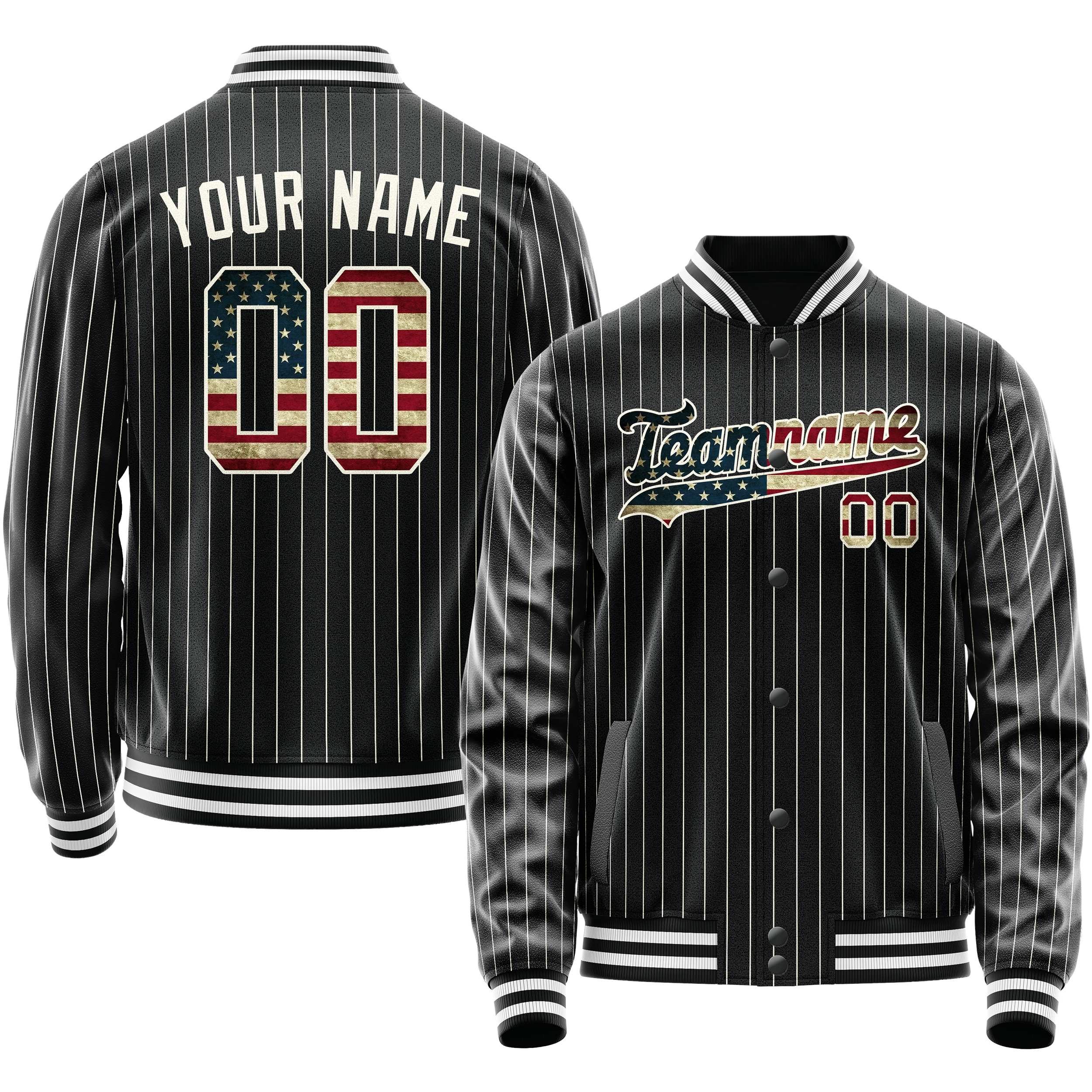 Personalized Black & Vintage-Usa-Flag Cream Pinstripe Varsity Letterman Jacket