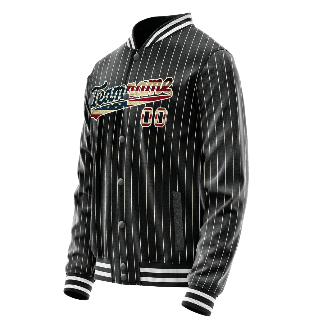 Personalized Black & Vintage-Usa-Flag Cream Pinstripe Varsity Letterman Jacket