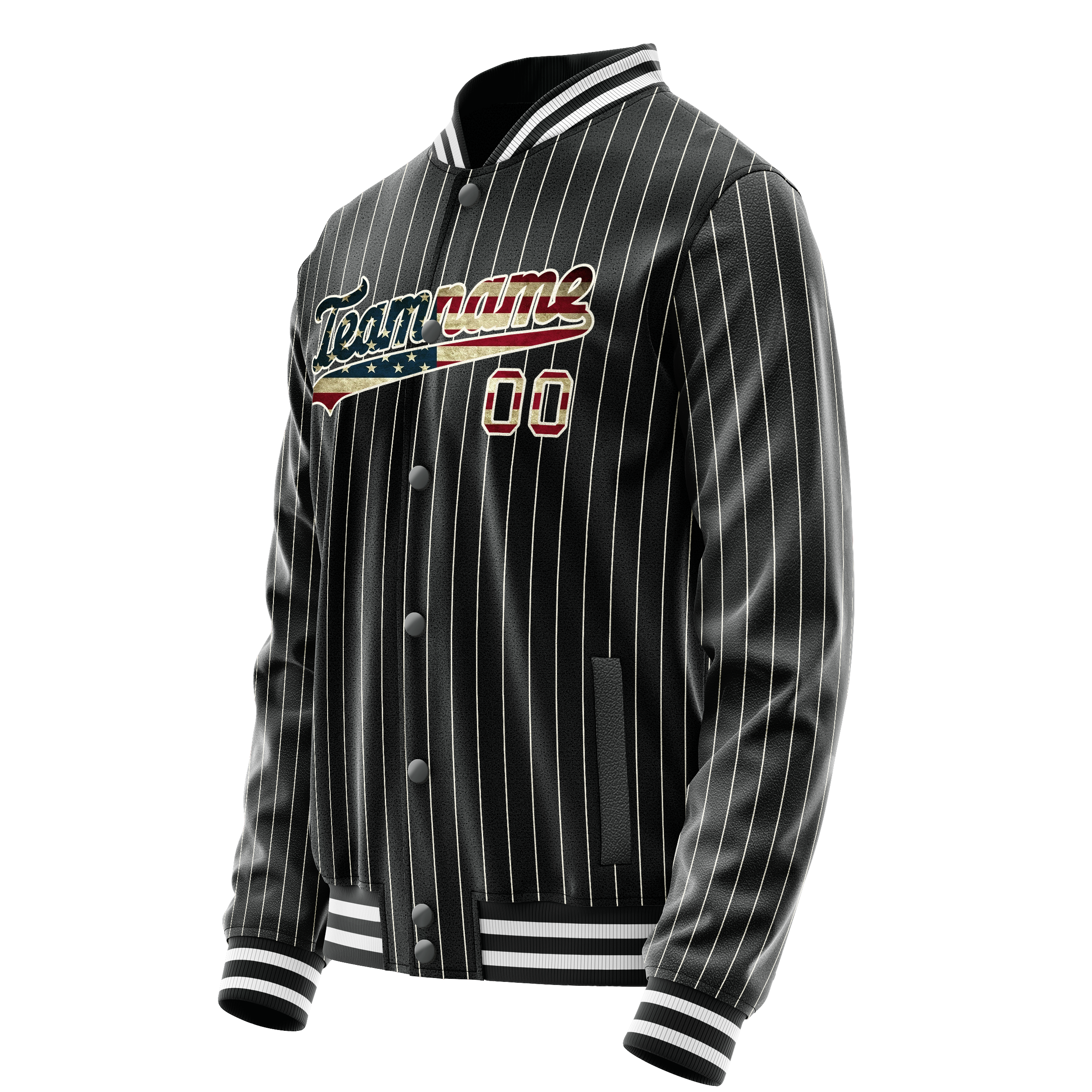 Personalized Black & Vintage-Usa-Flag Cream Pinstripe Varsity Letterman Jacket