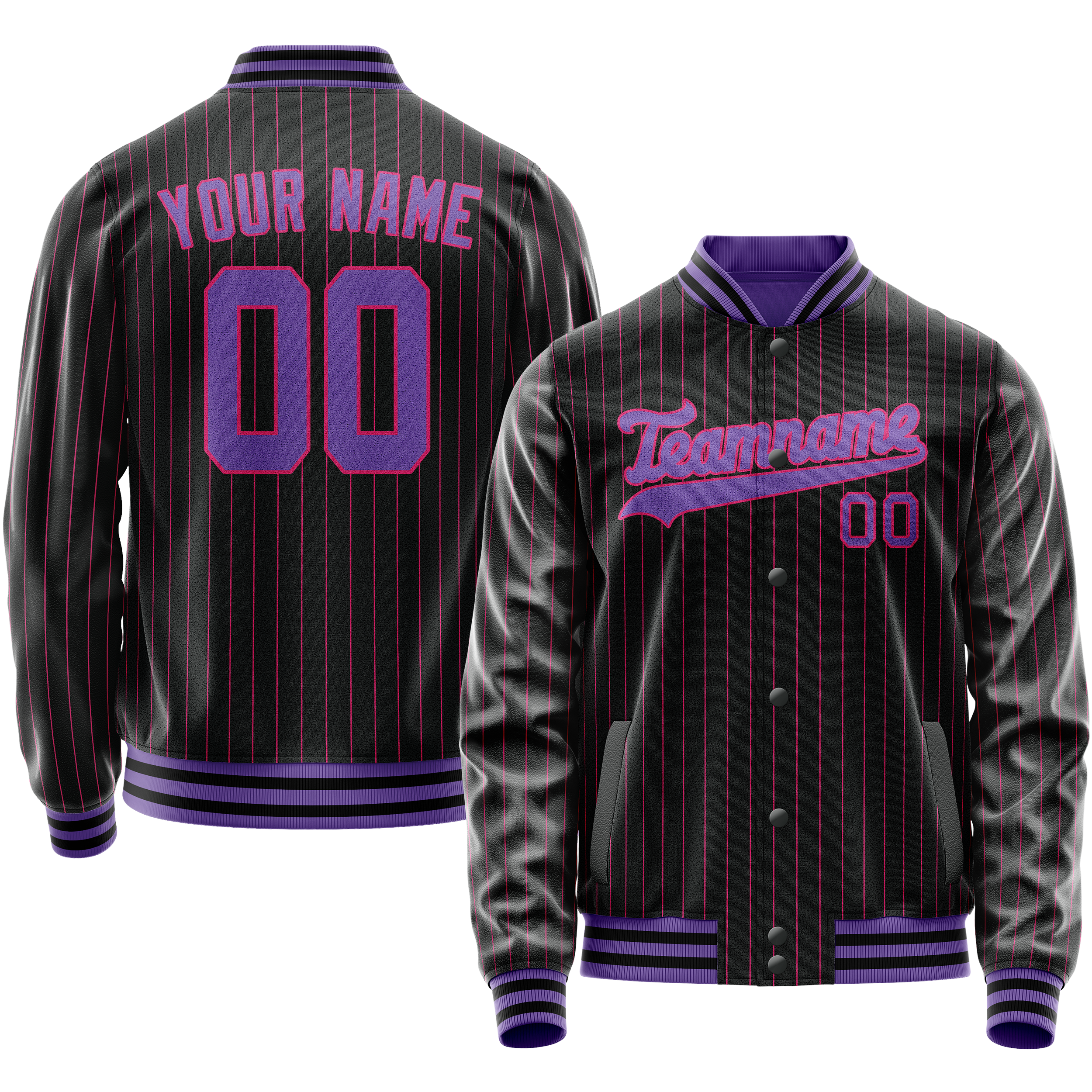 Personalized Black & Purple Pink Pinstripe Varsity Letterman Jacket