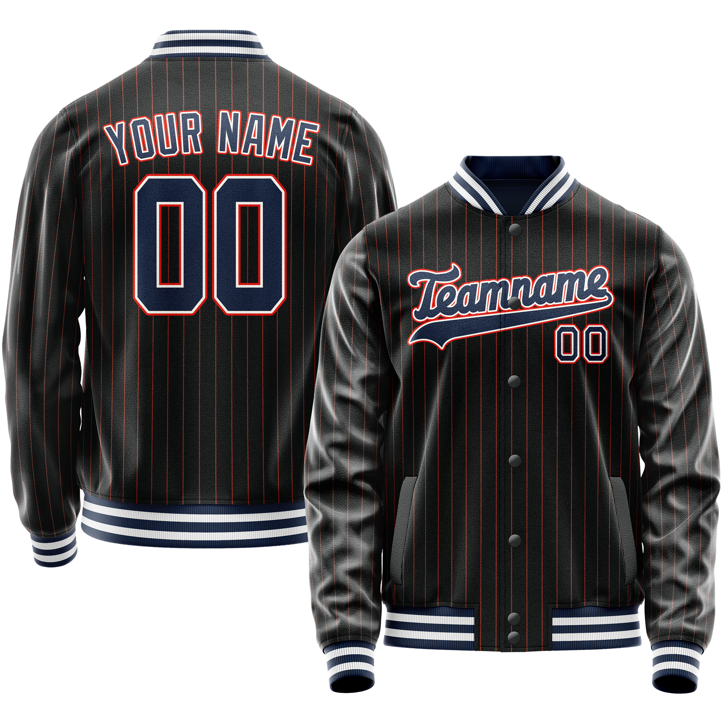 Personalized Black & Blue Orange Pinstripe Varsity Letterman Jacket