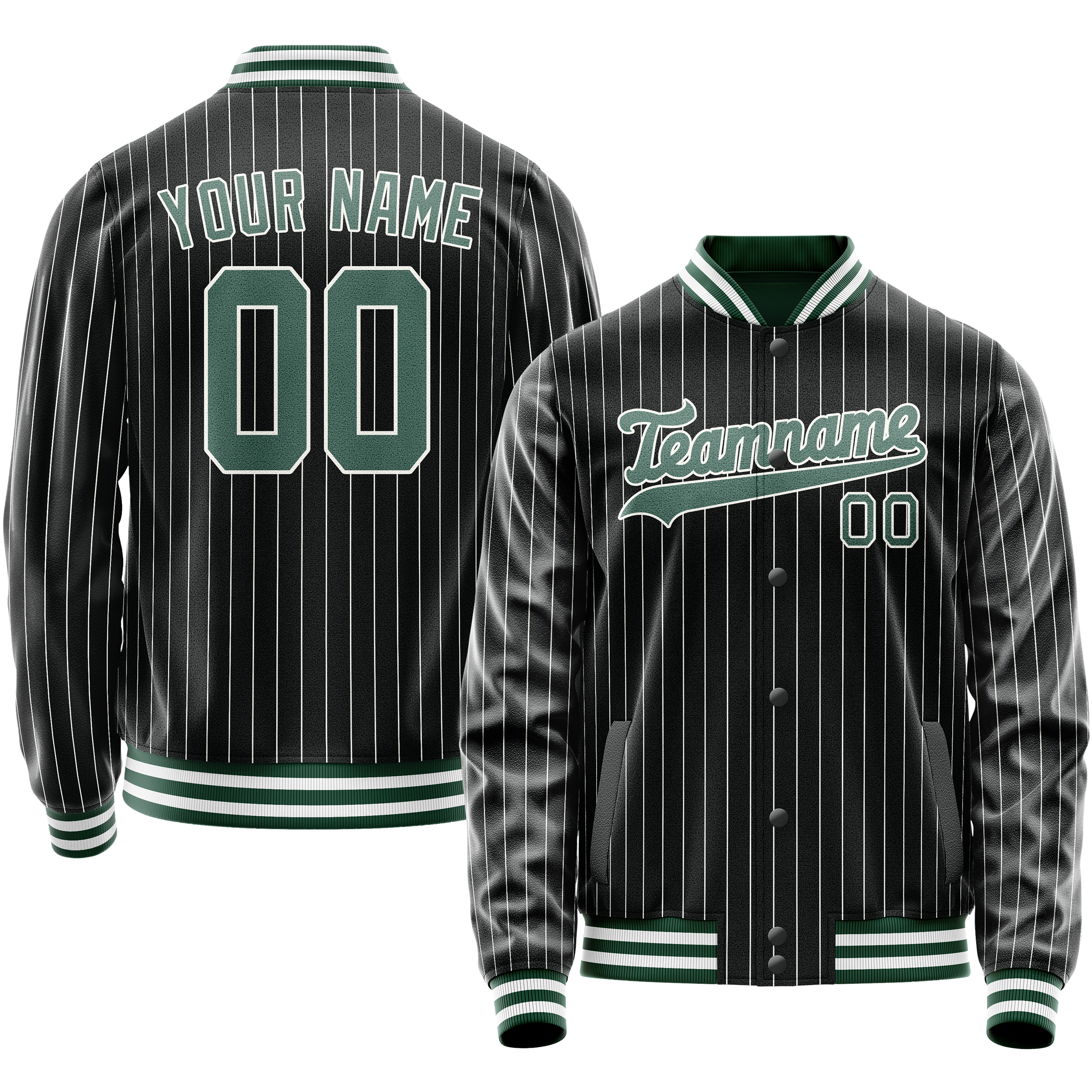 Personalized Black & Teal Gray Pinstripe Varsity Letterman Jacket