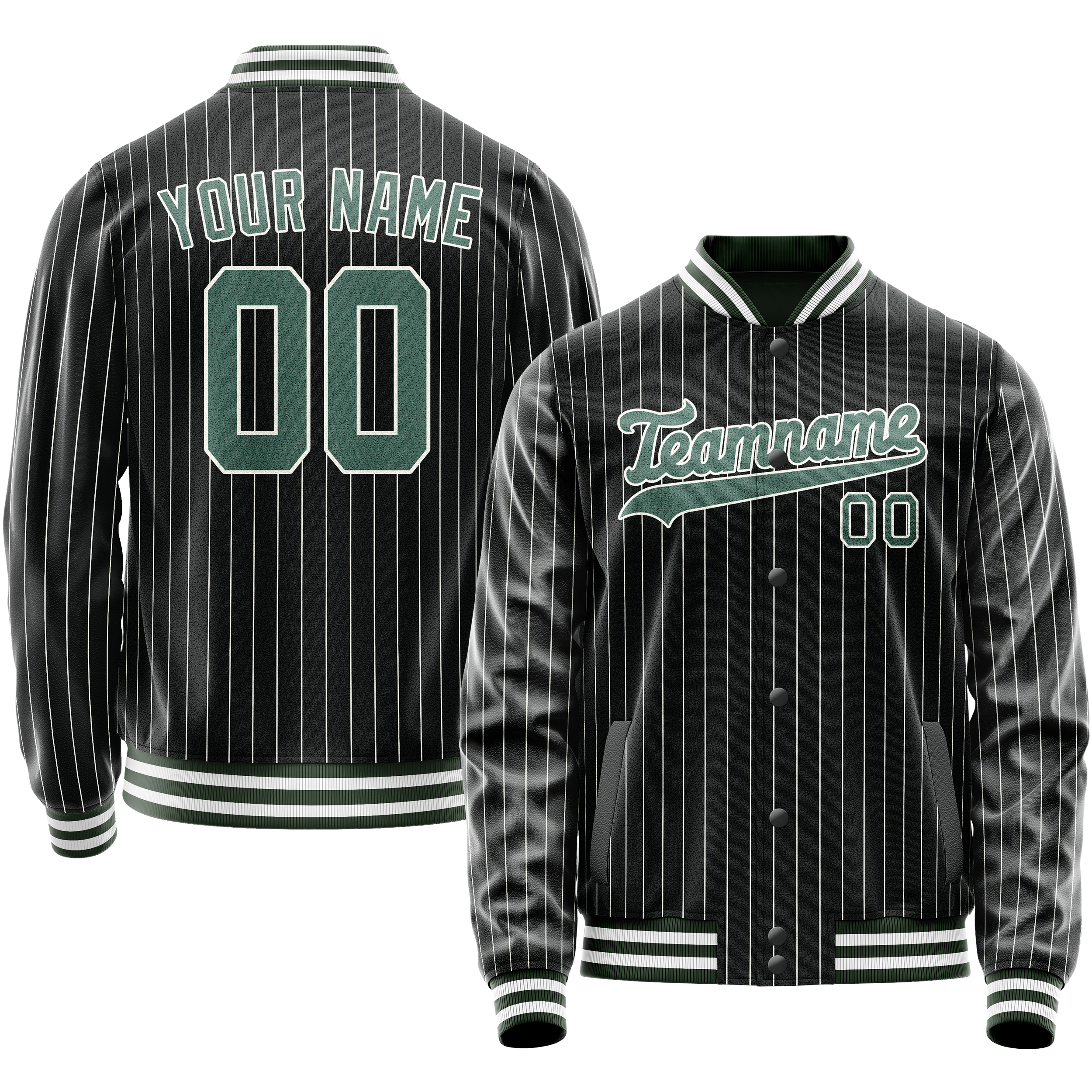 Personalized Black & Teal White Pinstripe Varsity Letterman Jacket