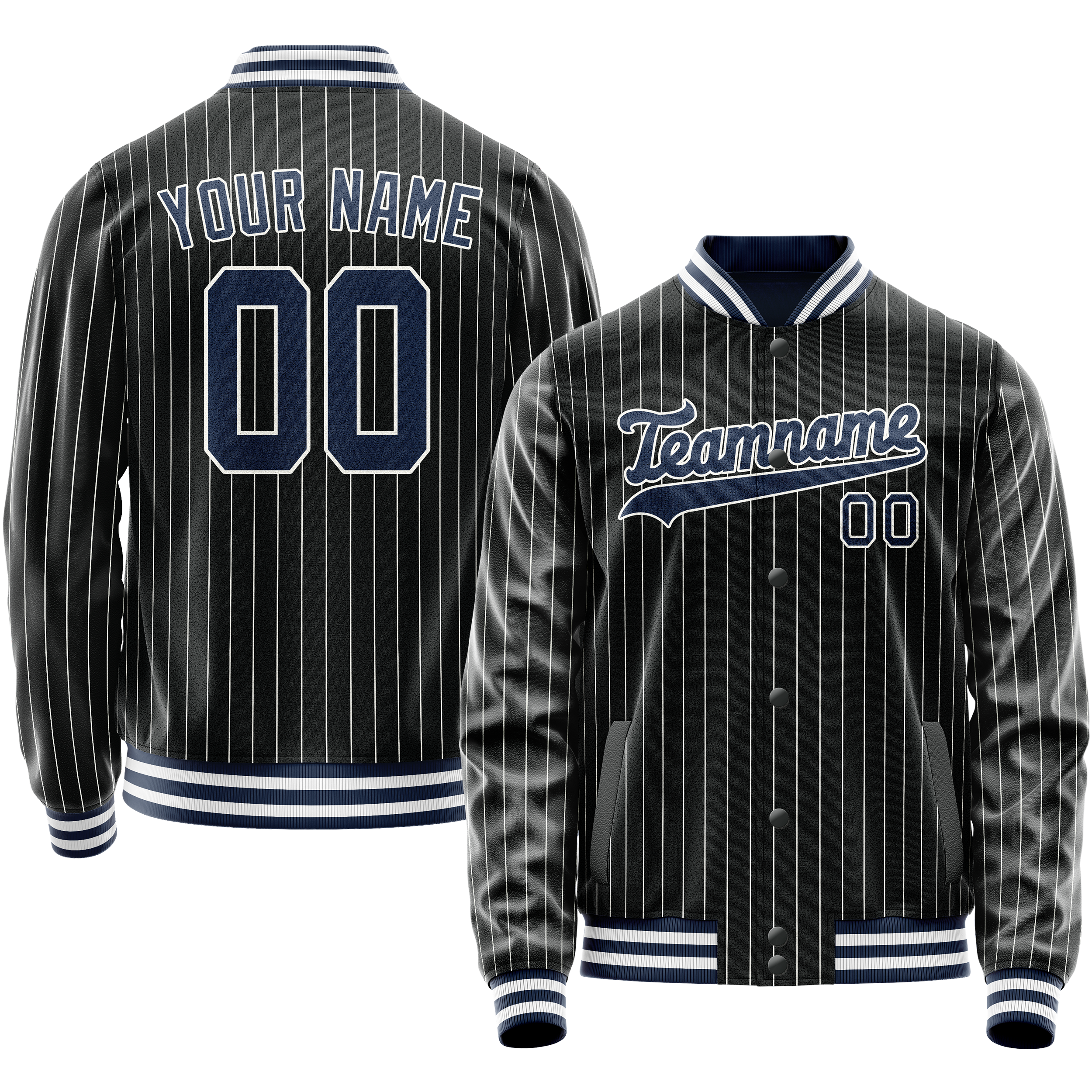 Personalized Black & Blue White Pinstripe Varsity Letterman Jacket