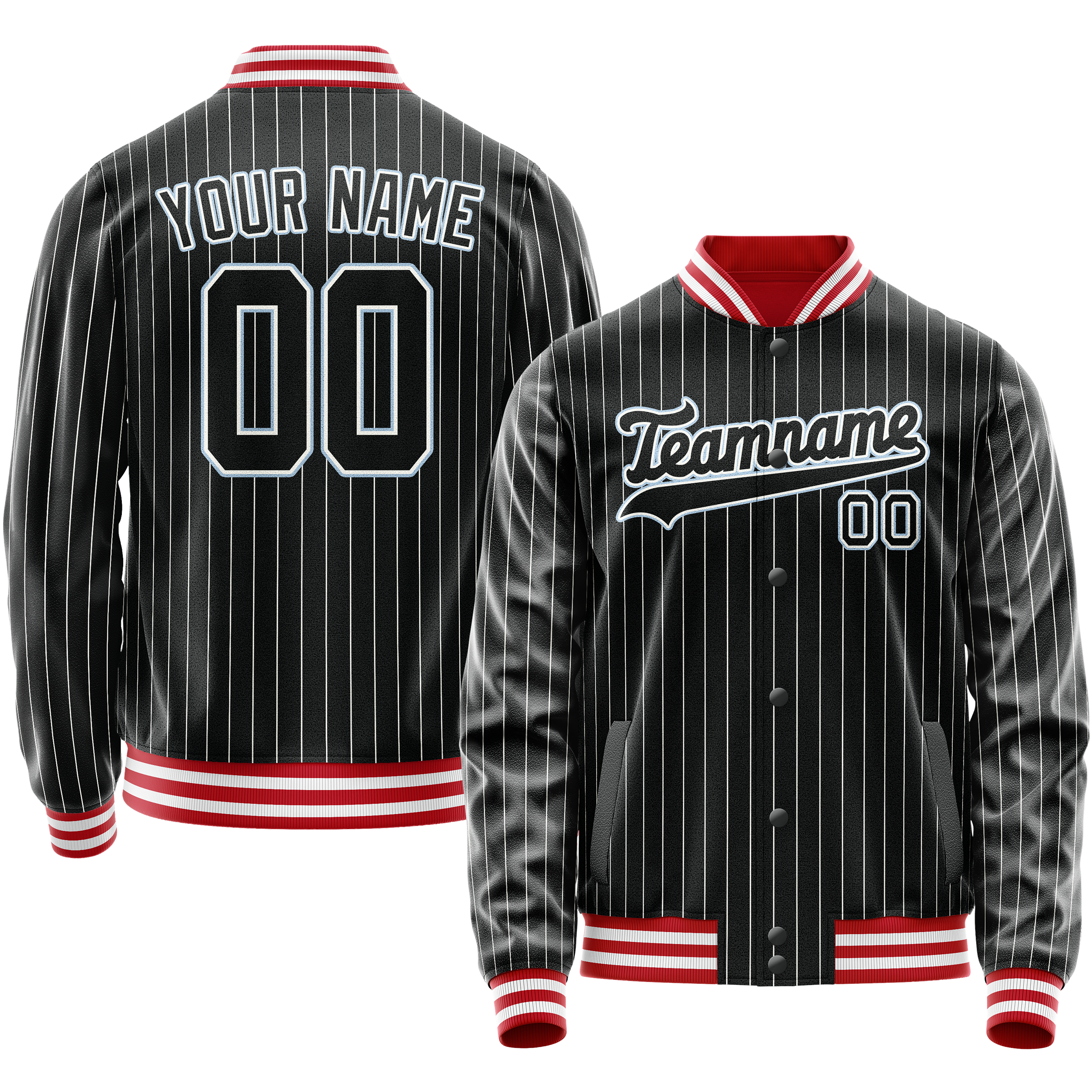 Personalized Black & Light-Blue Gray Pinstripe Varsity Letterman Jacket