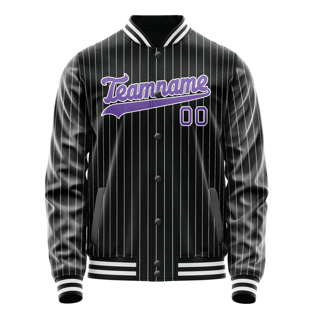 Personalized Black & Purple Gray Pinstripe Varsity Letterman Jacket