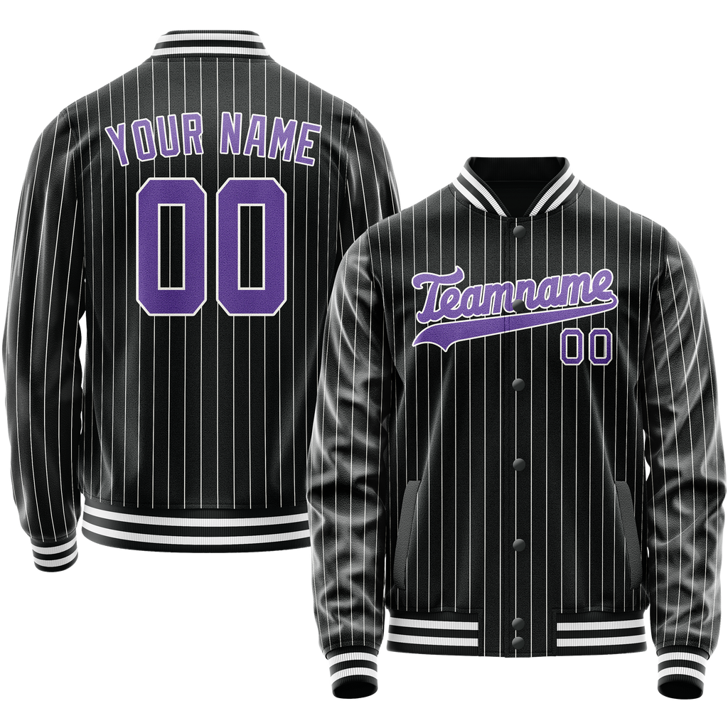 Personalized Black & Purple Gray Pinstripe Varsity Letterman Jacket