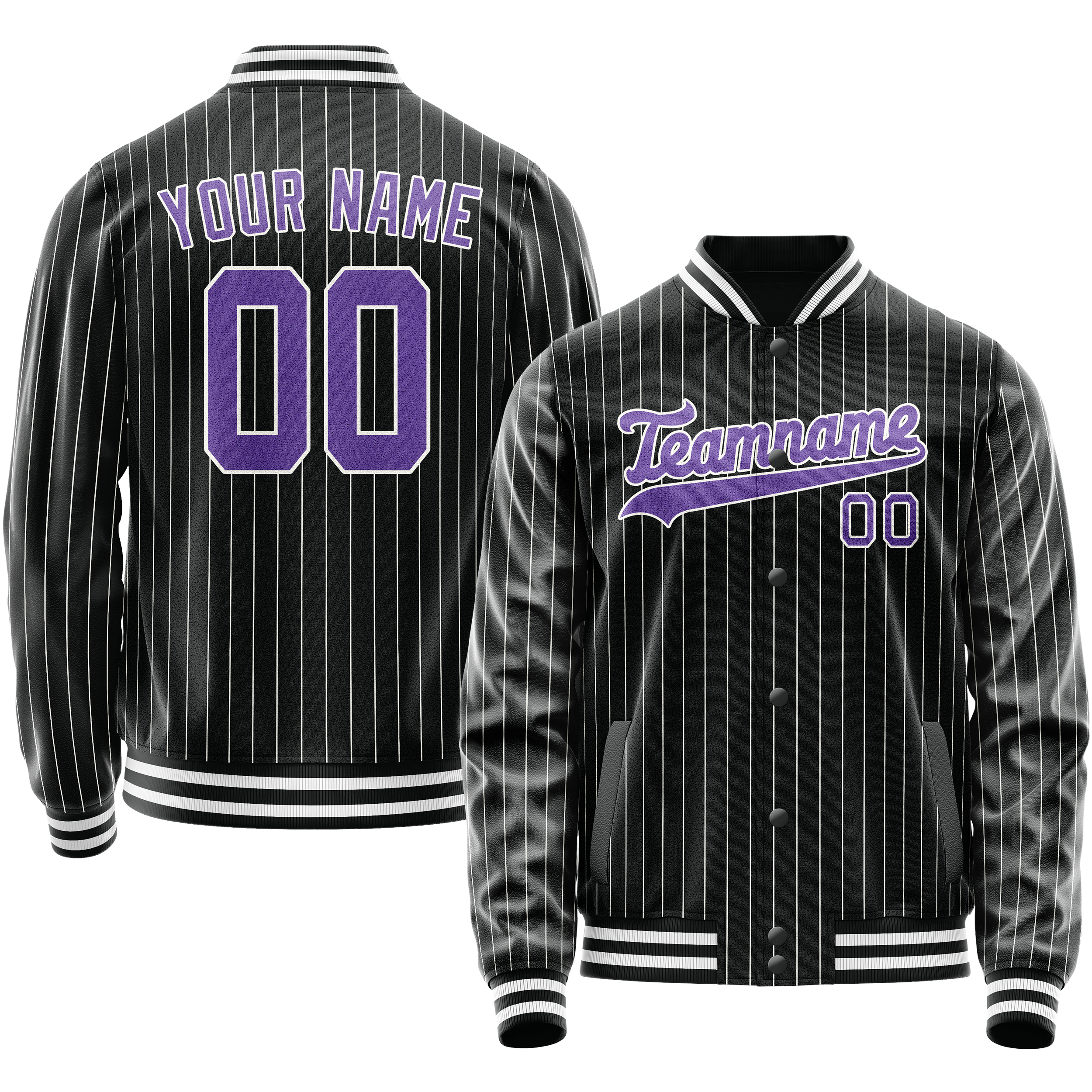 Personalized Black & Purple Gray Pinstripe Varsity Letterman Jacket