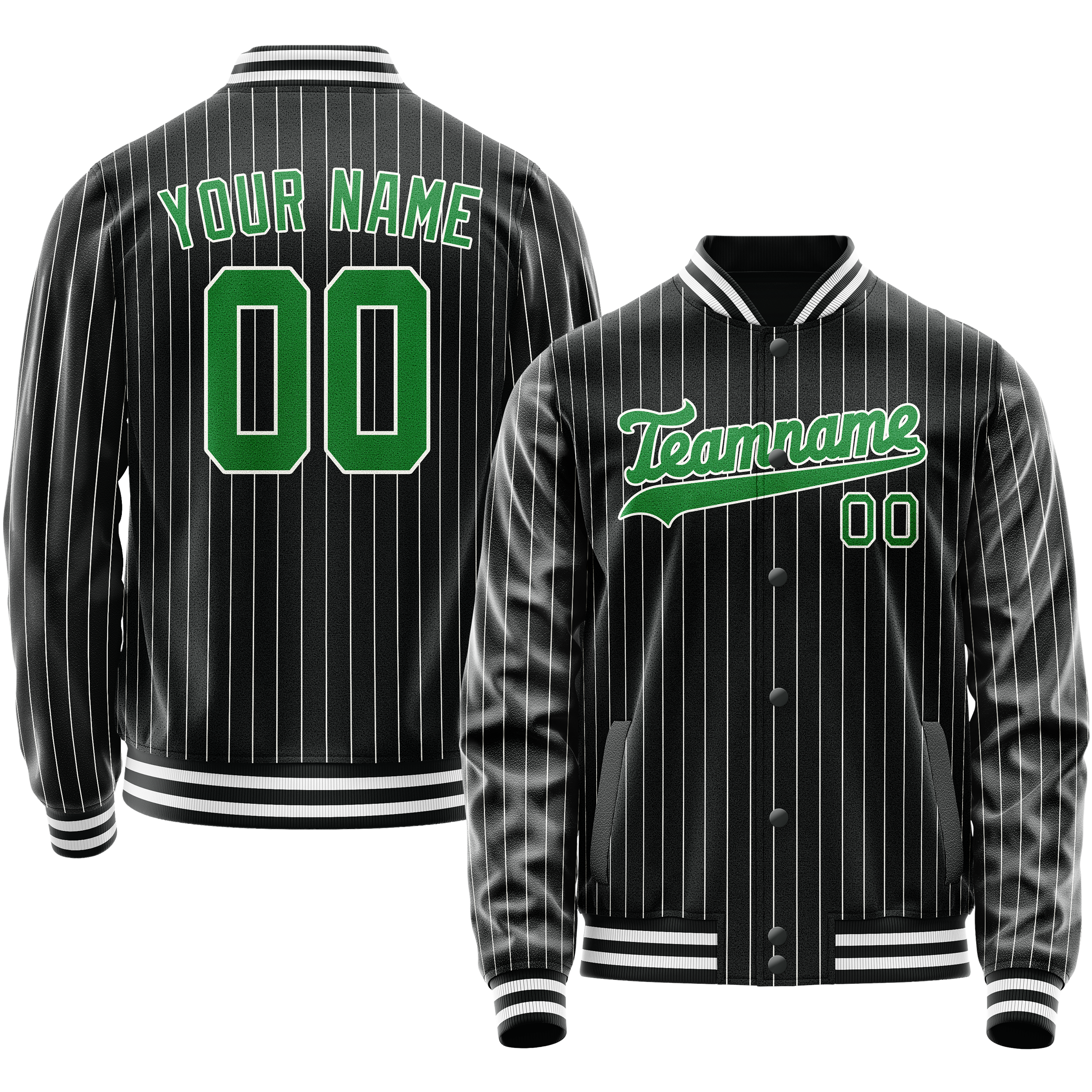 Personalized Black & Neon-Green Gray Pinstripe Varsity Letterman Jacket