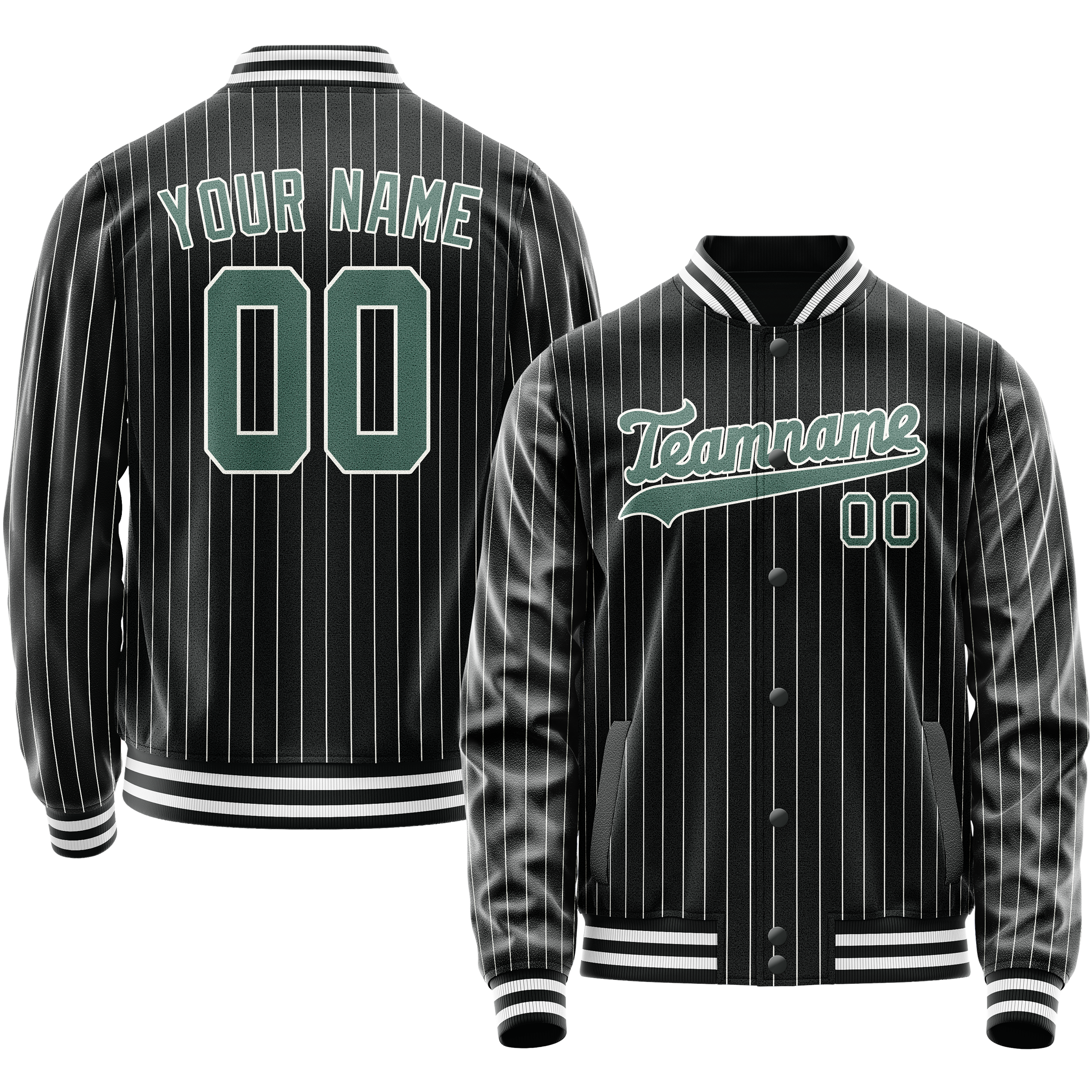 Personalized Black & Teal Gray Pinstripe Varsity Letterman Jacket