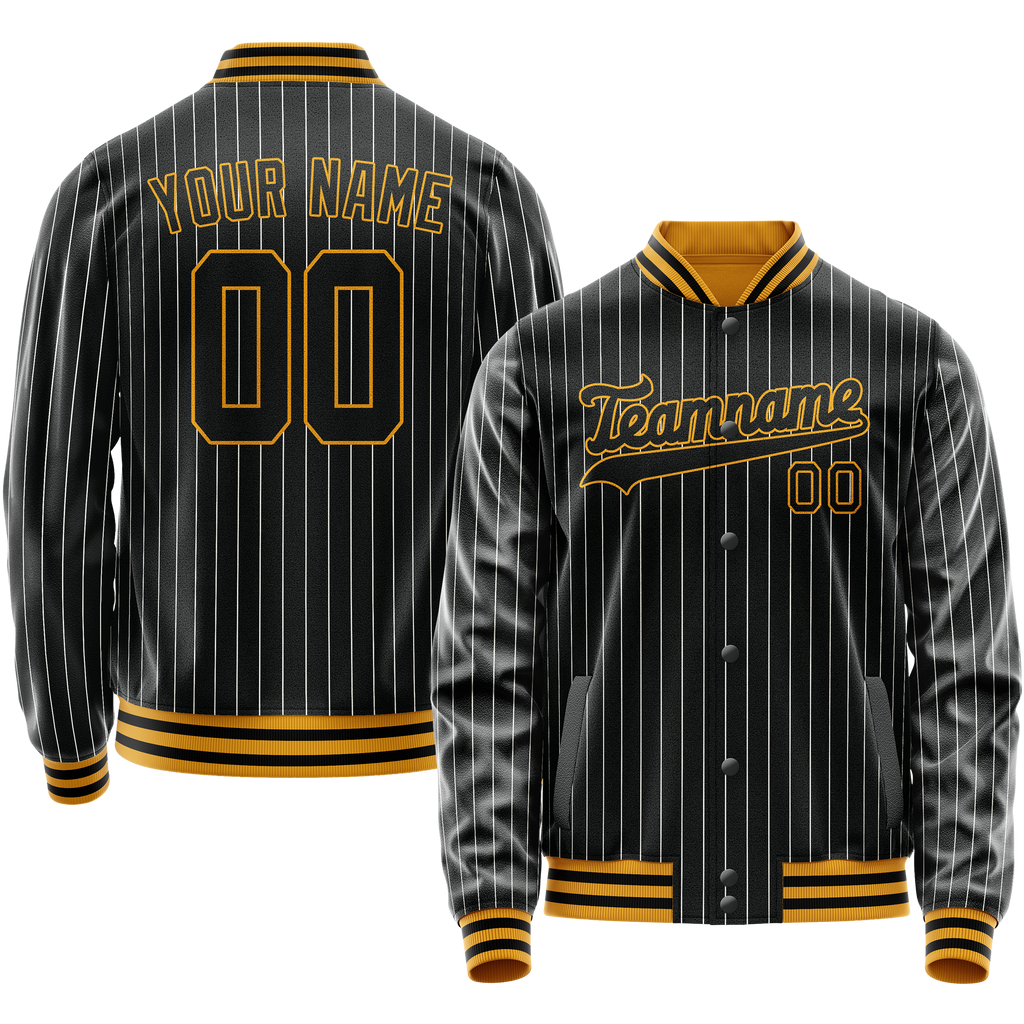 Personalized Black & Gold Gray Pinstripe Varsity Letterman Jacket