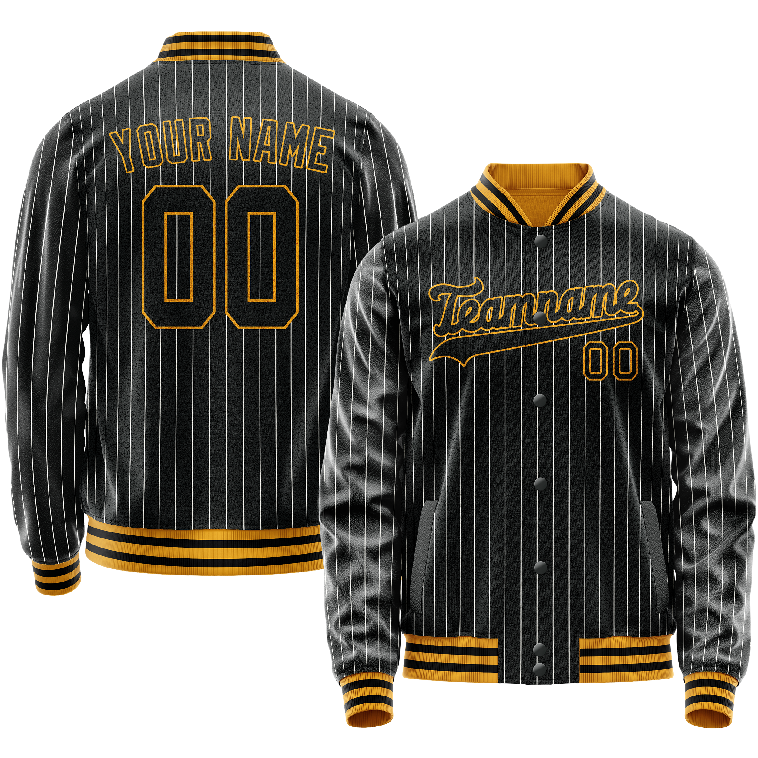 Personalized Black & Gold Gray Pinstripe Varsity Letterman Jacket