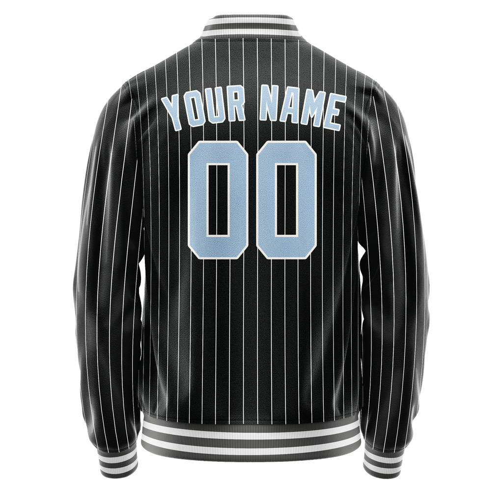 Personalized Black & Light-Blue Gray Pinstripe Varsity Letterman Jacket