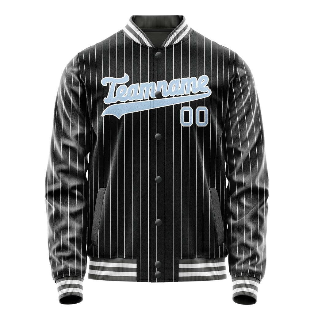 Personalized Black & Light-Blue Gray Pinstripe Varsity Letterman Jacket