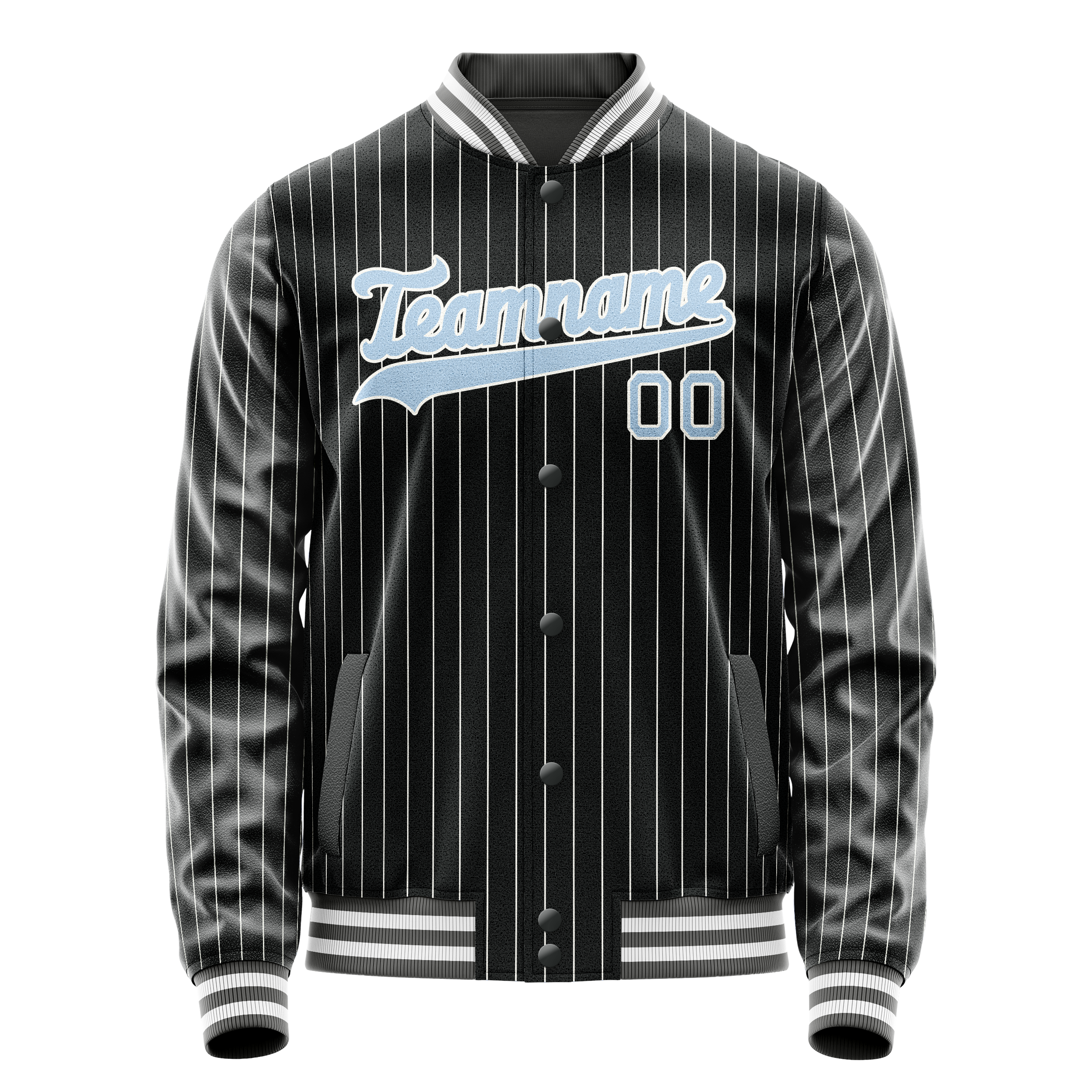 Personalized Black & Light-Blue Gray Pinstripe Varsity Letterman Jacket