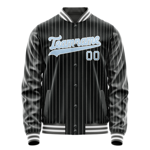 Personalized Black & Light-Blue Gray Pinstripe Varsity Letterman Jacket