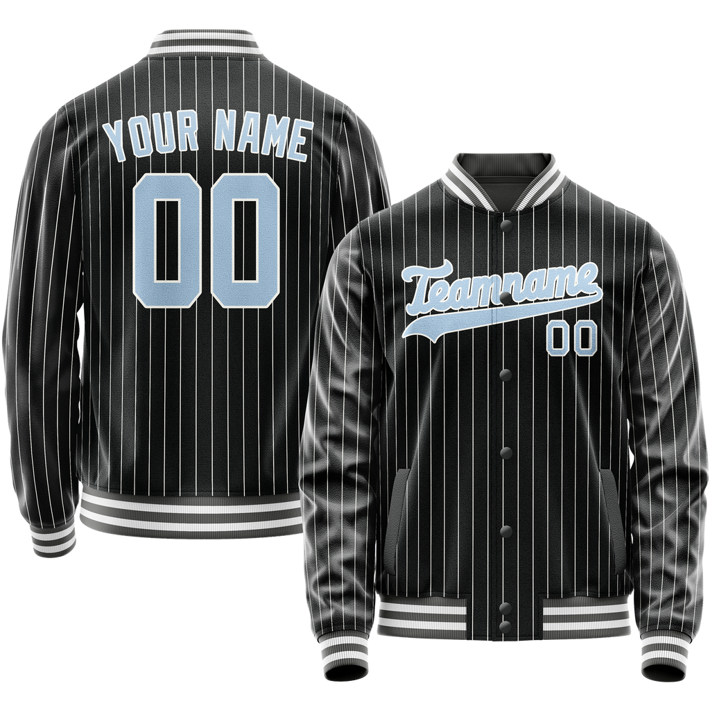 Personalized Black & Light-Blue Gray Pinstripe Varsity Letterman Jacket