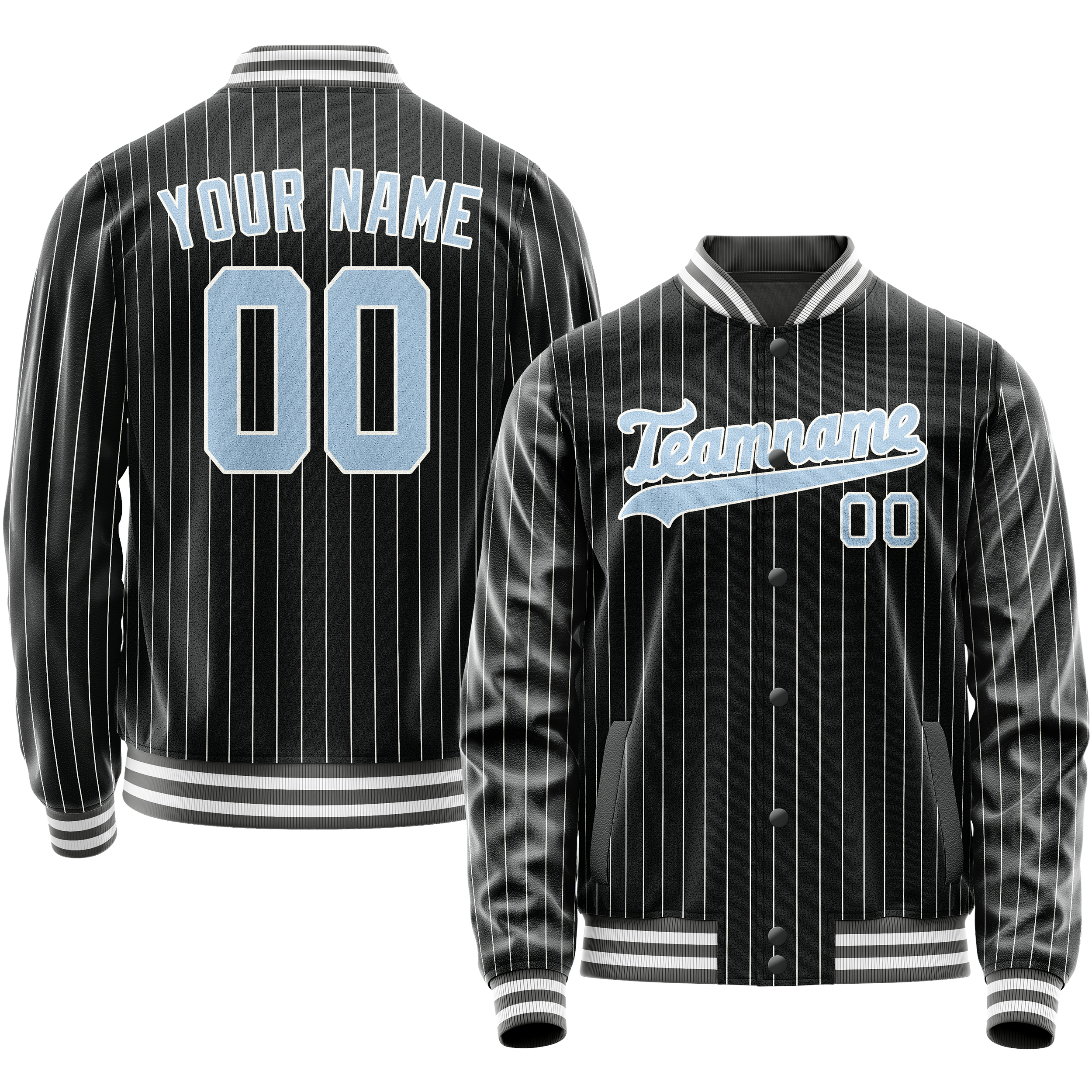 Personalized Black & Light-Blue Gray Pinstripe Varsity Letterman Jacket