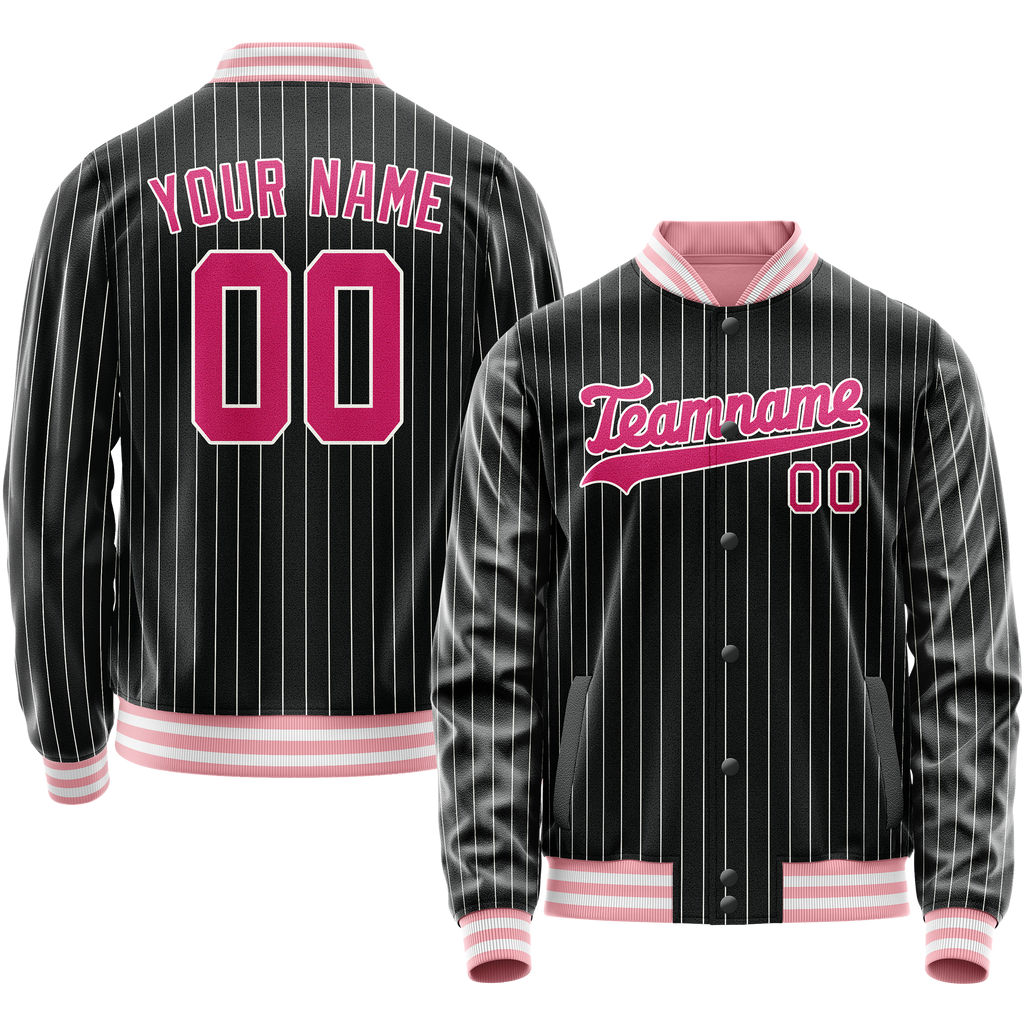 Personalized Black & Pink Gray Pinstripe Varsity Letterman Jacket