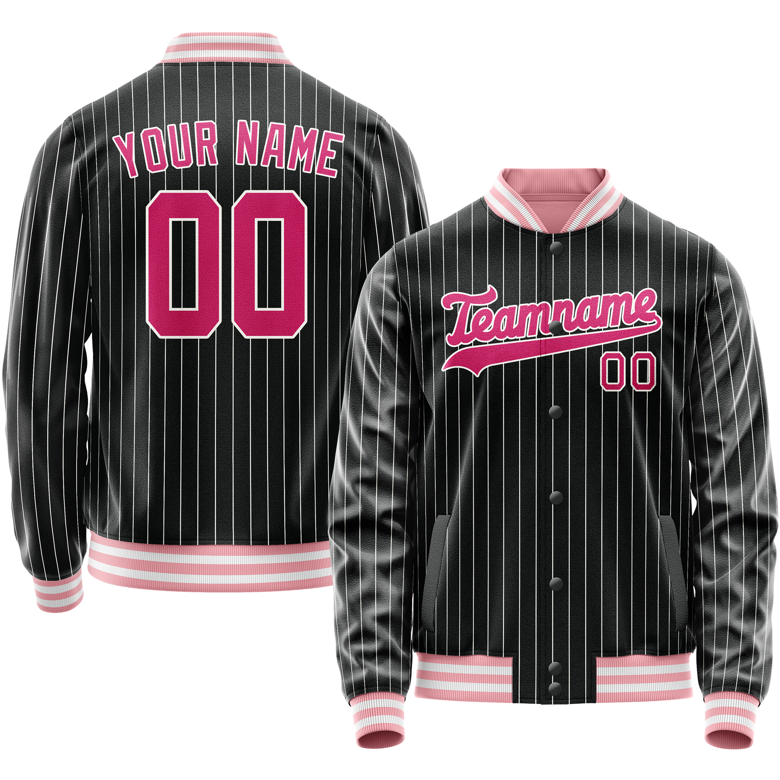 Personalized Black & Pink Gray Pinstripe Varsity Letterman Jacket