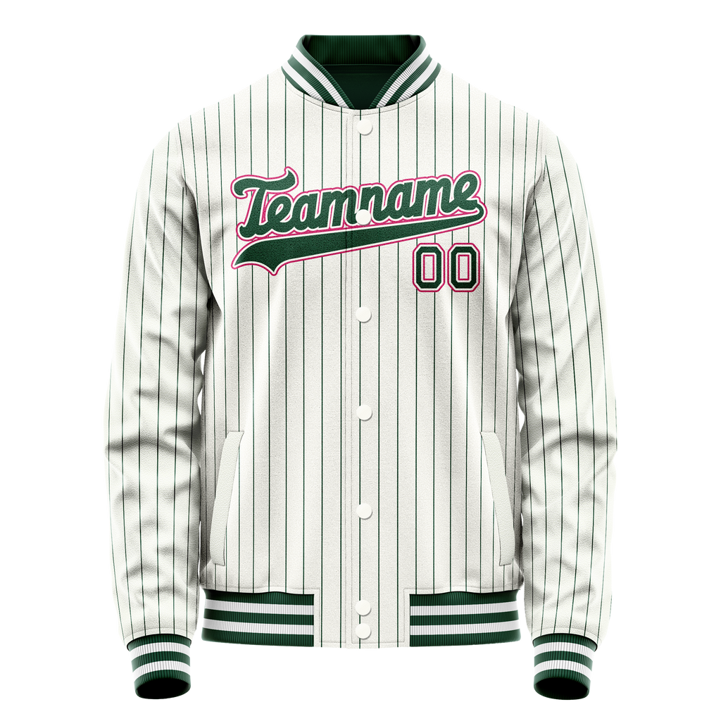 Personalized White & Pink Green Pinstripe Varsity Letterman Jacket