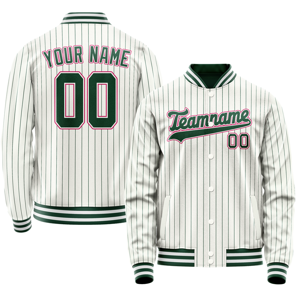 Personalized White & Pink Green Pinstripe Varsity Letterman Jacket