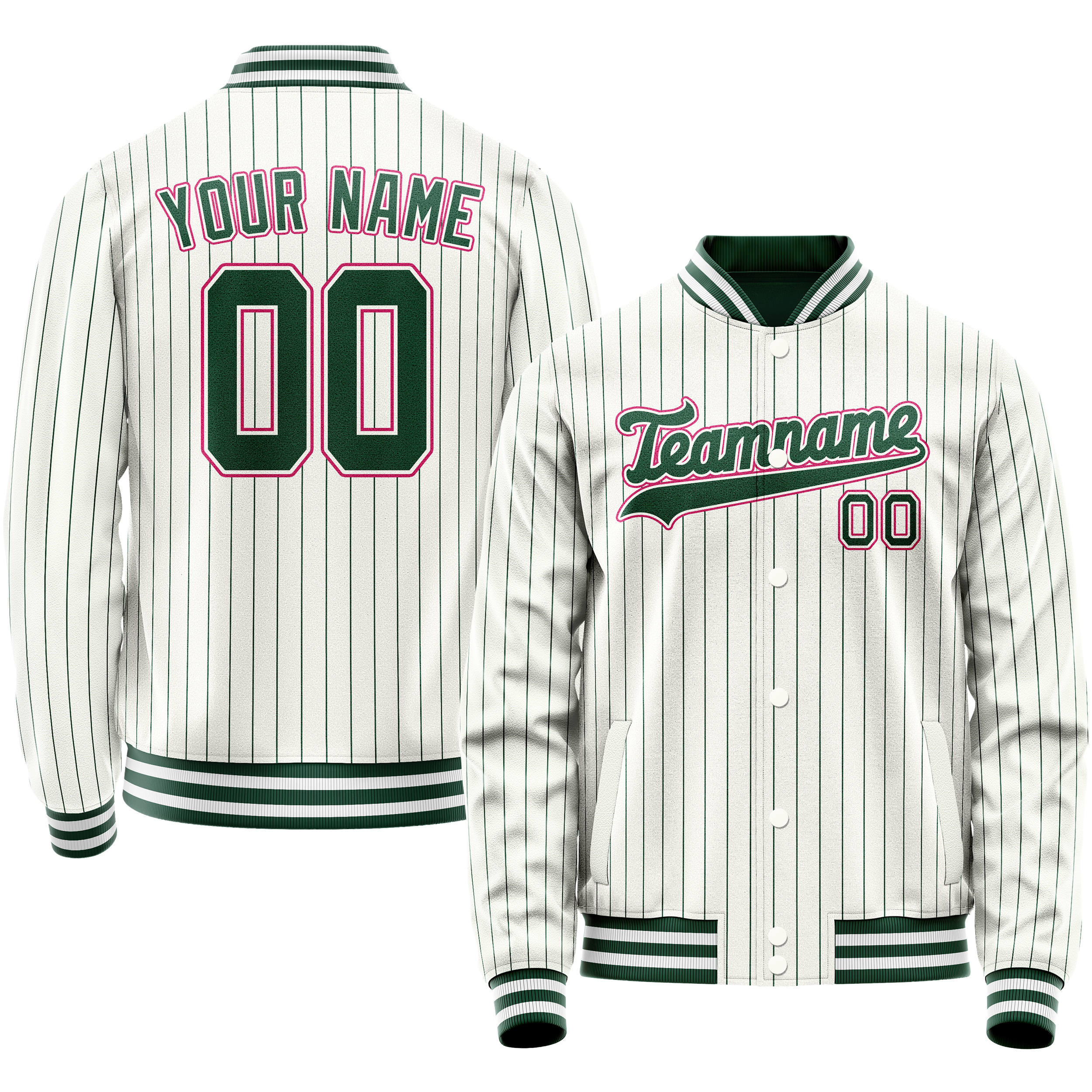 Personalized White & Pink Green Pinstripe Varsity Letterman Jacket