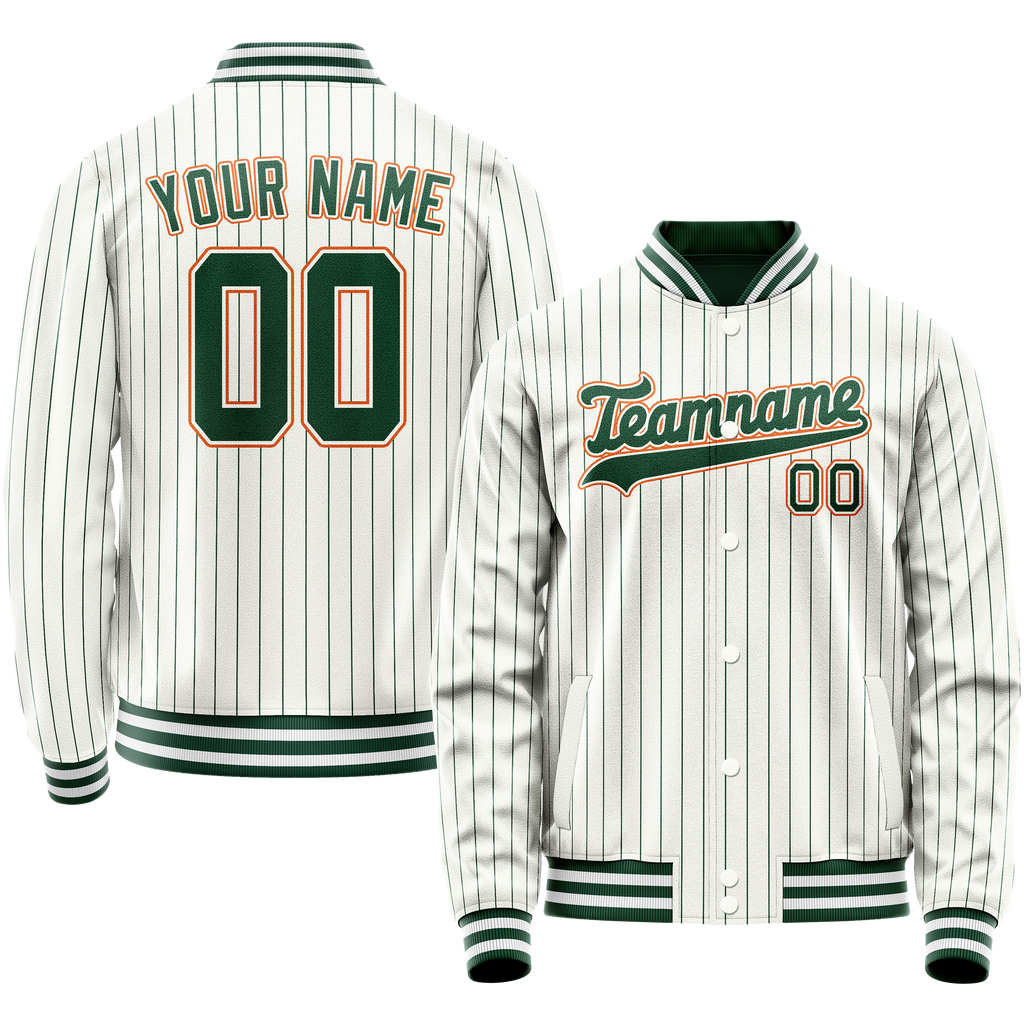 Personalized White & Orange Green Pinstripe Varsity Letterman Jacket