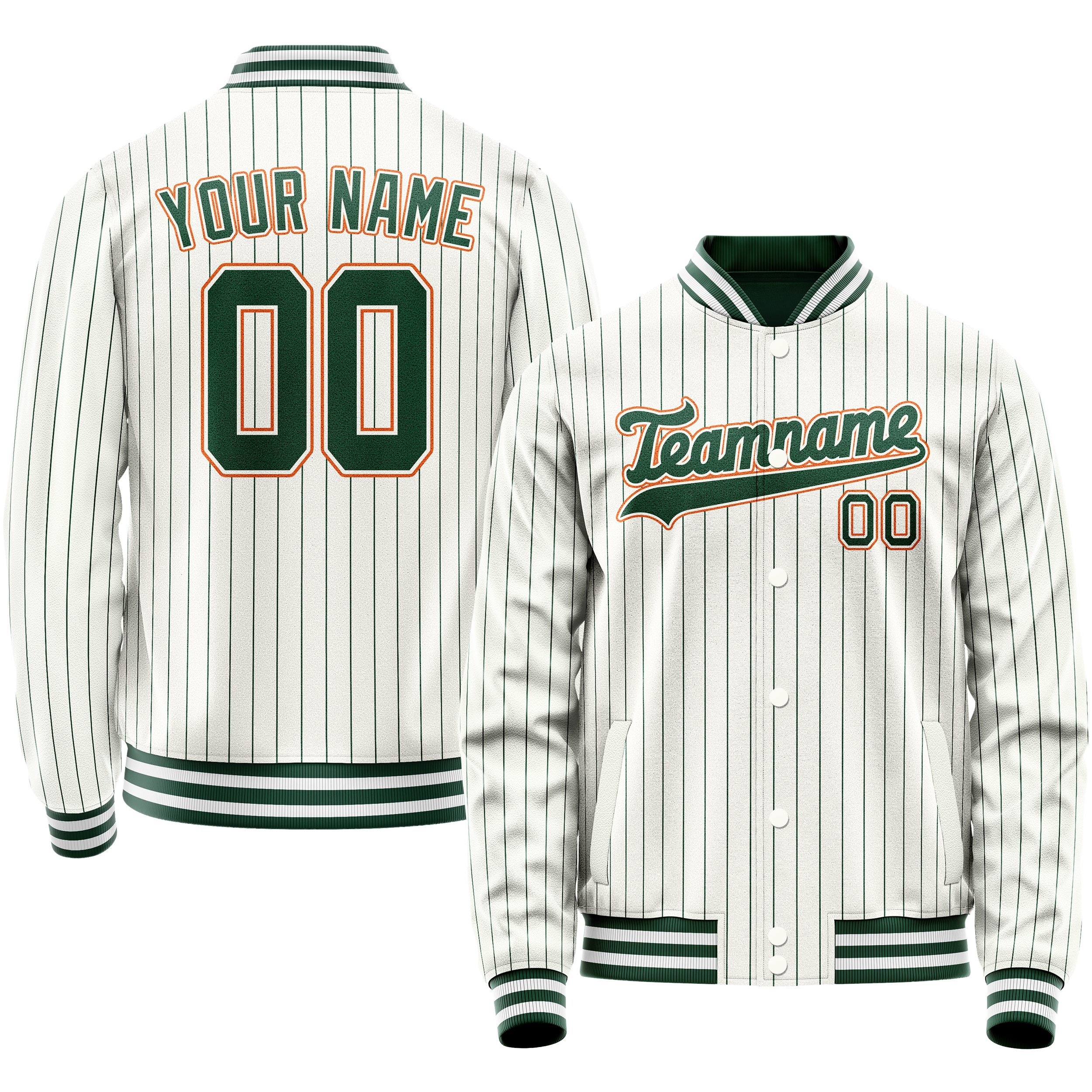 Personalized White & Orange Green Pinstripe Varsity Letterman Jacket