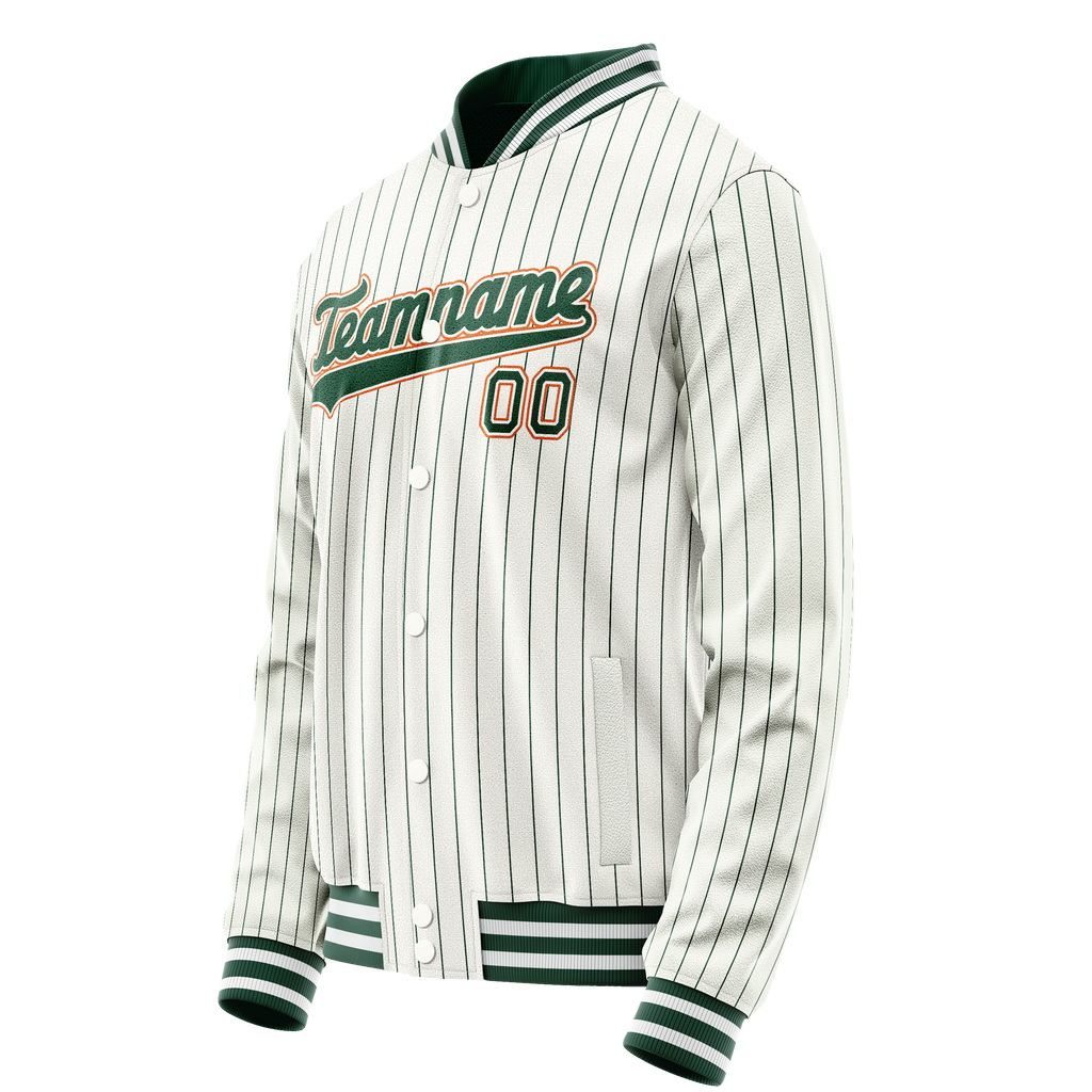 Personalized White & Orange Green Pinstripe Varsity Letterman Jacket
