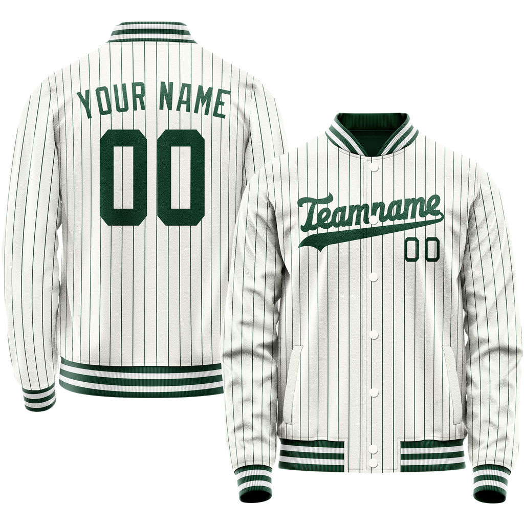 Personalized White & Green Green Pinstripe Varsity Letterman Jacket