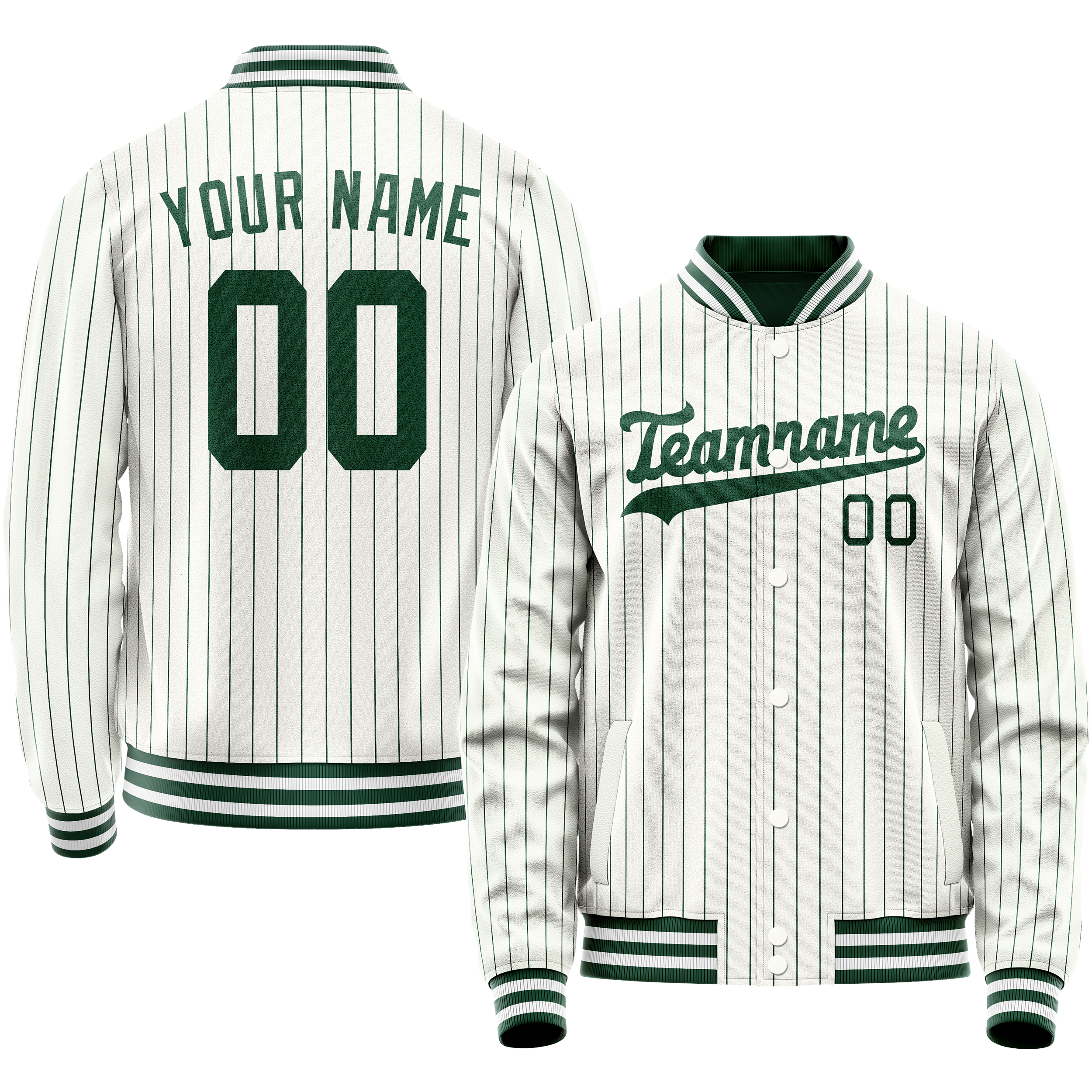 Personalized White & Green Green Pinstripe Varsity Letterman Jacket