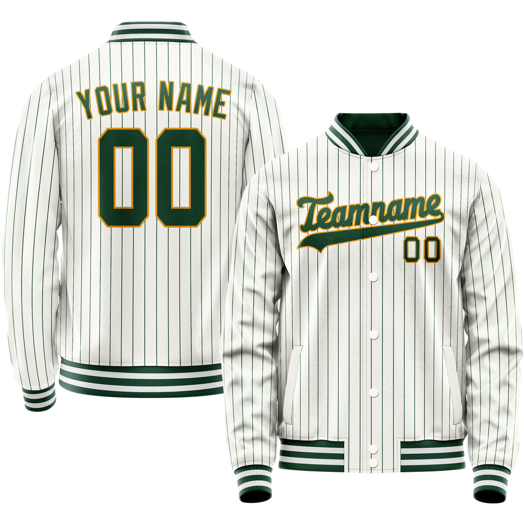 Personalized White & Green Green Pinstripe Varsity Letterman Jacket