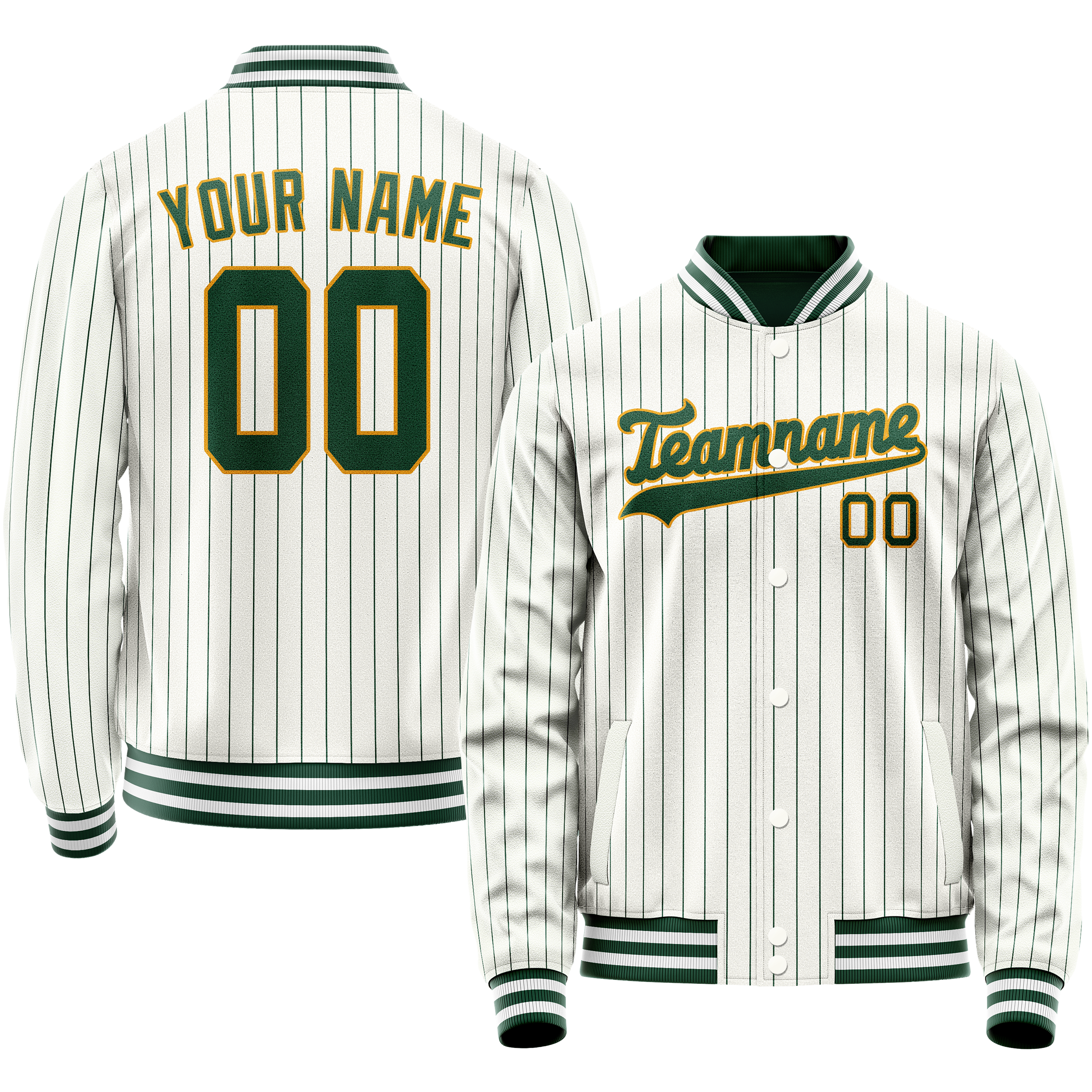 Personalized White & Green Green Pinstripe Varsity Letterman Jacket