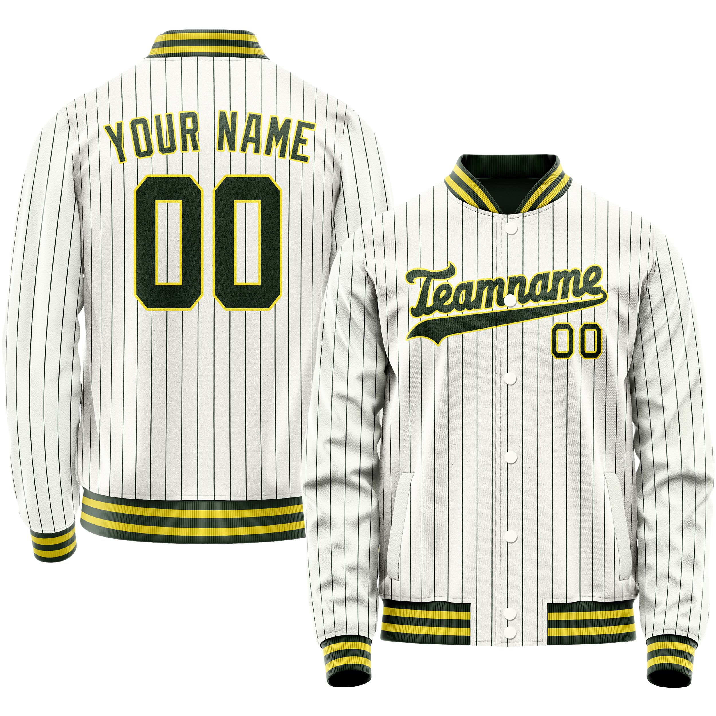 Personalized White & Green Green Pinstripe Varsity Letterman Jacket